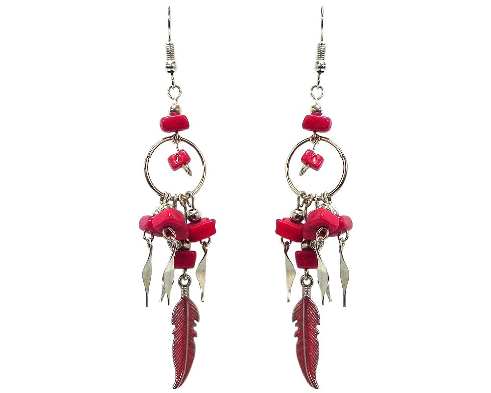 Handmade Boho Feather Dangle Earrings for Women - Colorful Metal Hoop Earrings with Stone & Feather Charms | Perfect for Festivals, Parties & Boho Fashion