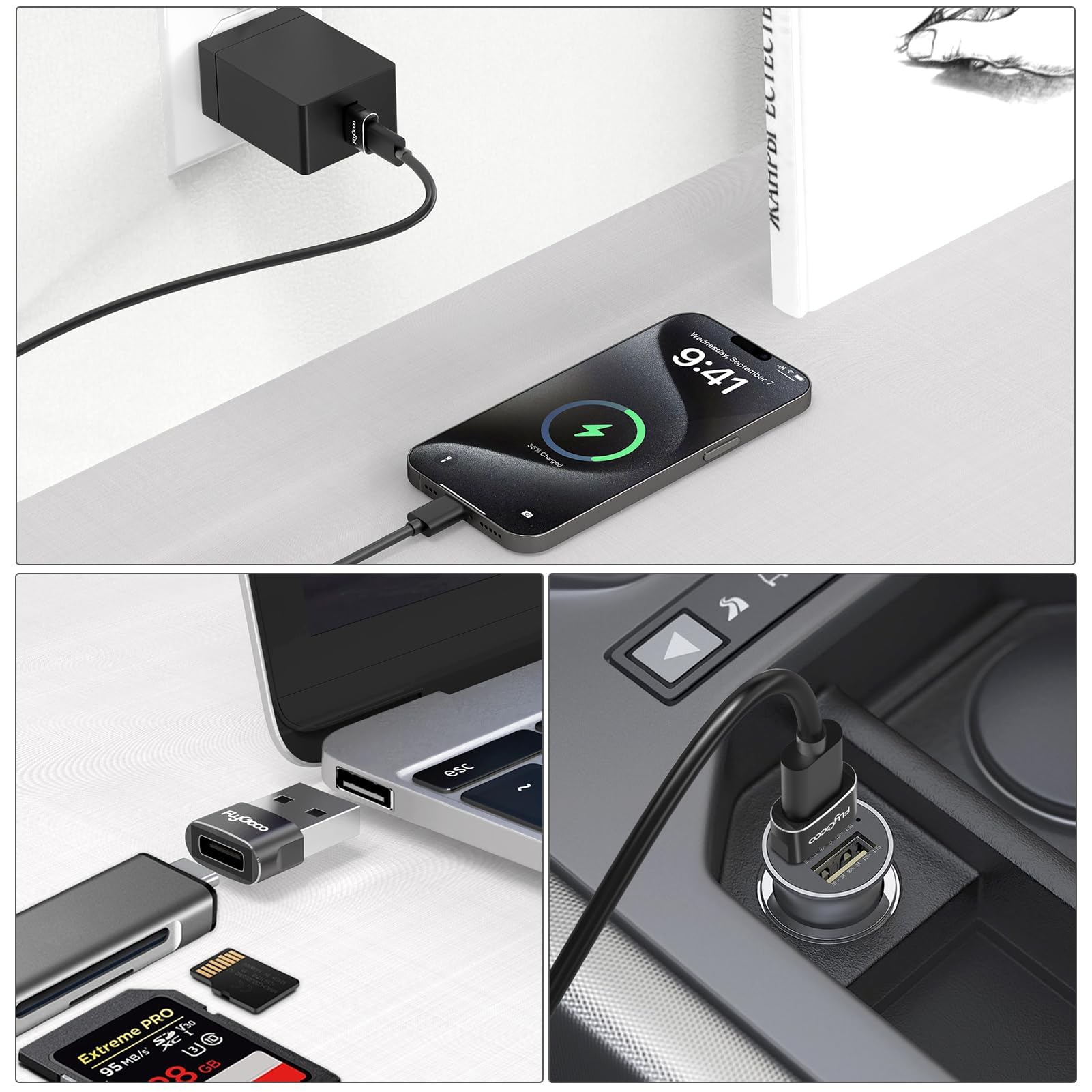 FlyCoco 6 Pack USB to USB C Adapter - USB C Female to A Male Converter for iPhone 16/15/14/13 Pro Max, Apple Watch Ultra 9/10, AirPods 3, iPad Air, Samsung Galaxy S24 - Fast Charging & Data Sync for Home, Car & Travel