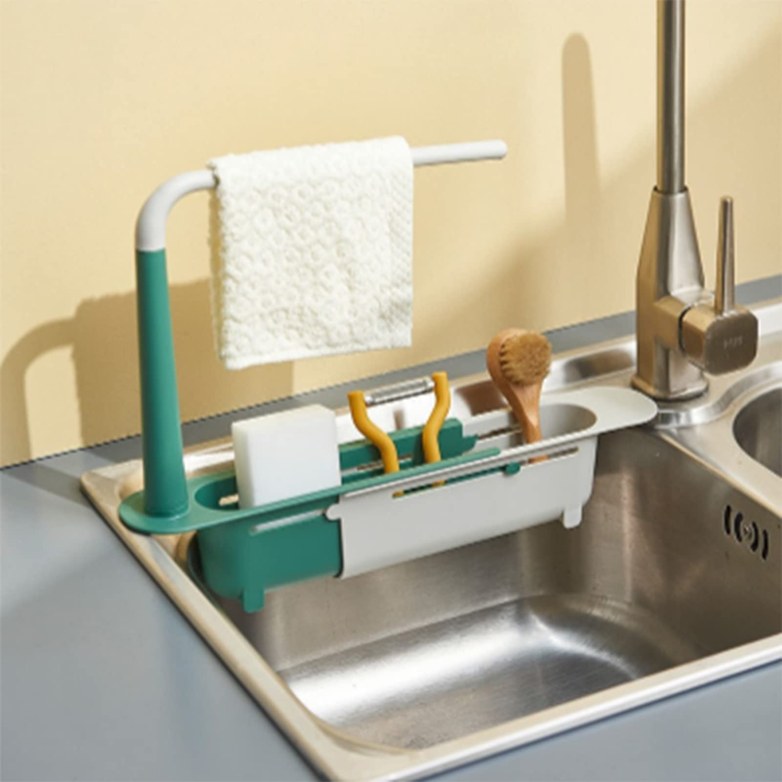 Stainless Steel Retractable Kitchen Sink Organizer - Expandable Drain Rack, Dish Towel & Sponge Holder for Countertop - Perfect for Small Kitchen Organization & Space Saving
