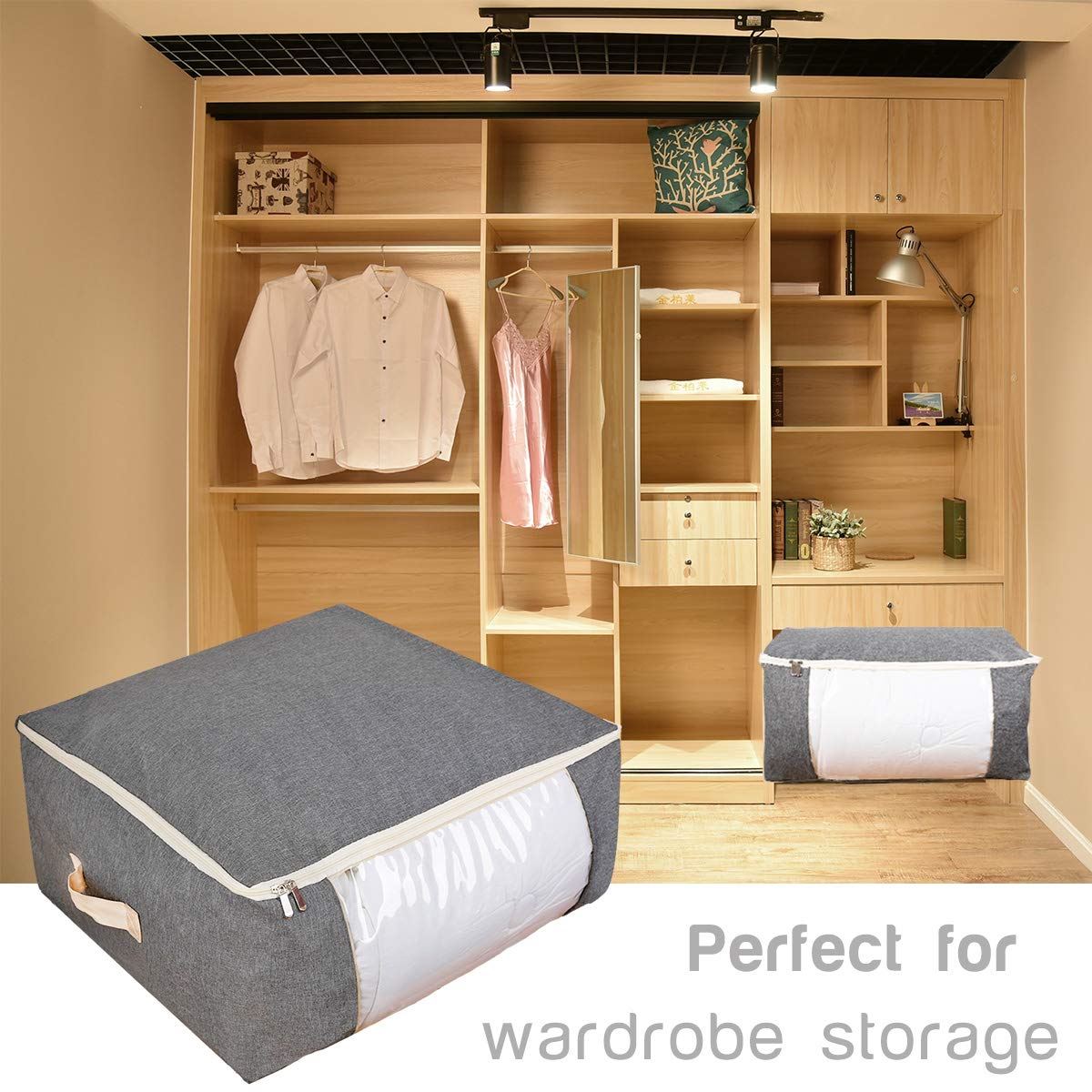 Qozary 3-Pack Large Under Bed Storage Bags for Comforters, Blankets, Clothes, Quilts & Towels - Heavy Duty Vacuum Seal Organizer (Gray, 53L - 22.8x15.7x9 Inches) - Perfect for Bedroom Closet, Seasonal Storage & Space Saving Solutions