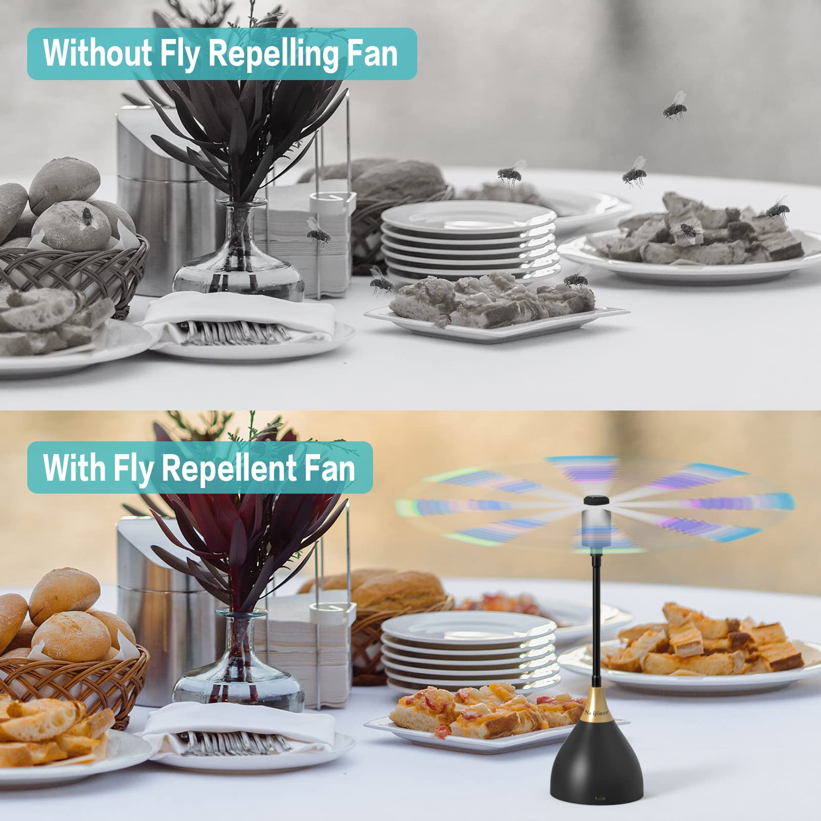 4 Pack USB/Battery Powered Silent Table Fly Fan - Soft Blade Fly Repellent Fan for Outdoor Dining, Picnics & Kitchen Use - Keep Food Clean & Fly-Free