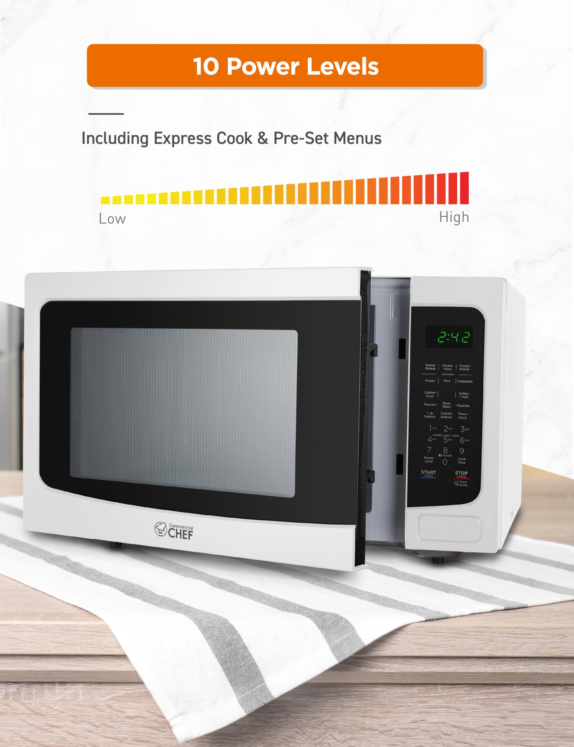 Commercial Chef 1.6 Cu Ft Countertop Microwave - 1100W, 10 Power Levels, Digital Control Panel, Child Safety Lock, White - Perfect for Dorms, Offices & Small Kitchens