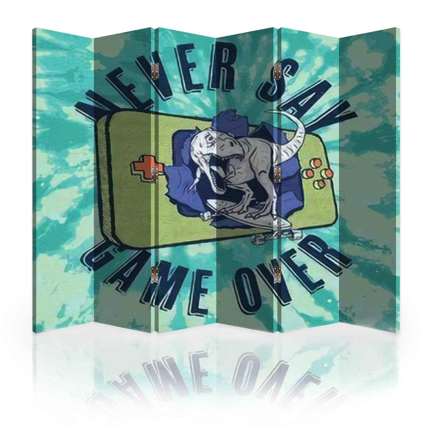 Dinosaur Print Canvas Room Divider - 6 Panel Folding Privacy Screen with Handheld Game Console & Tie-Dye Design | Perfect for Bedroom, Nursery, Office & Living Room Space Separation