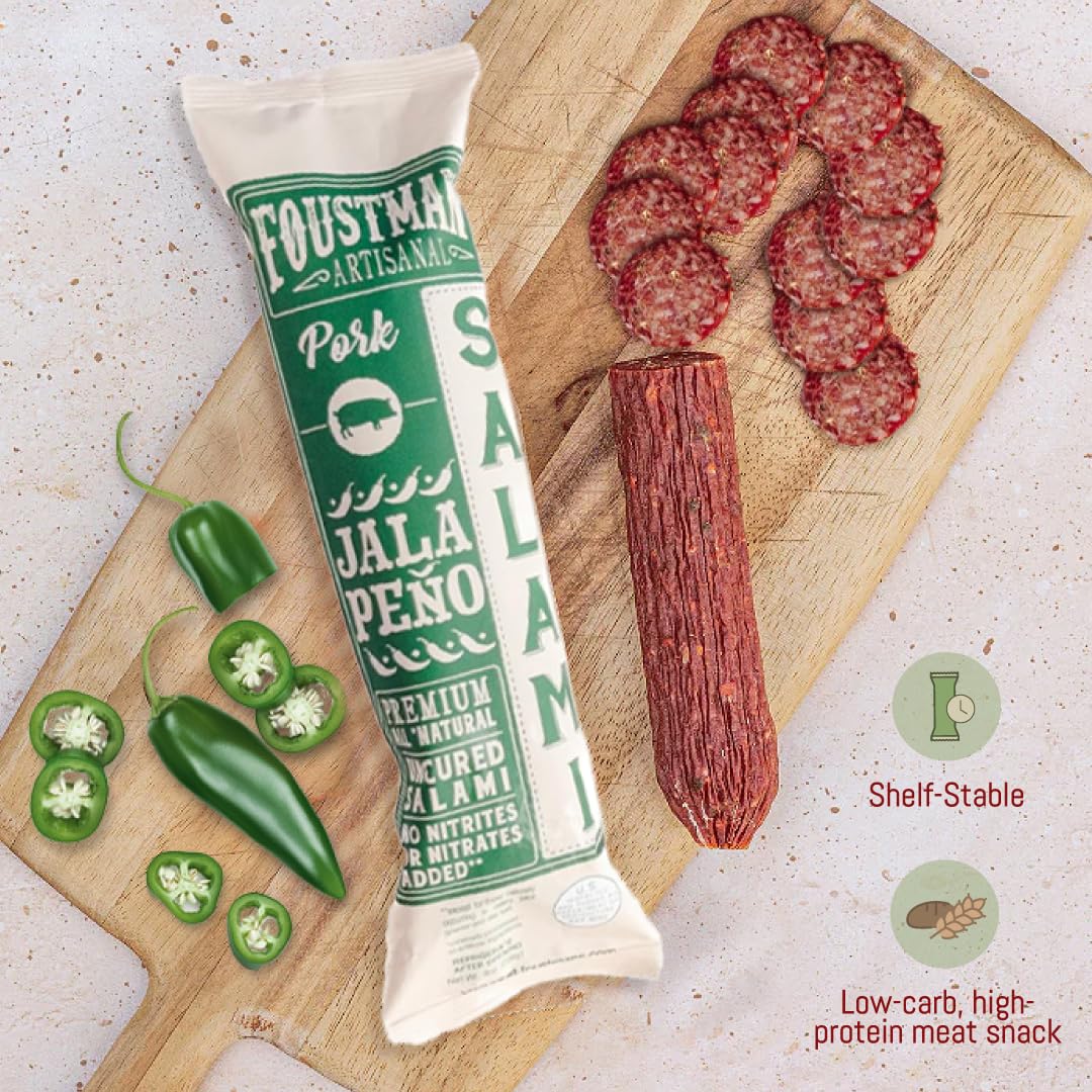 Foustman's Artisanal Jalapeno Pork Salami - Nitrate-Free, Naturally Cured, Gluten & Dairy Free Lunch Meat (8 Oz) - Perfect for Charcuterie Boards, Sandwiches & Keto Snacks