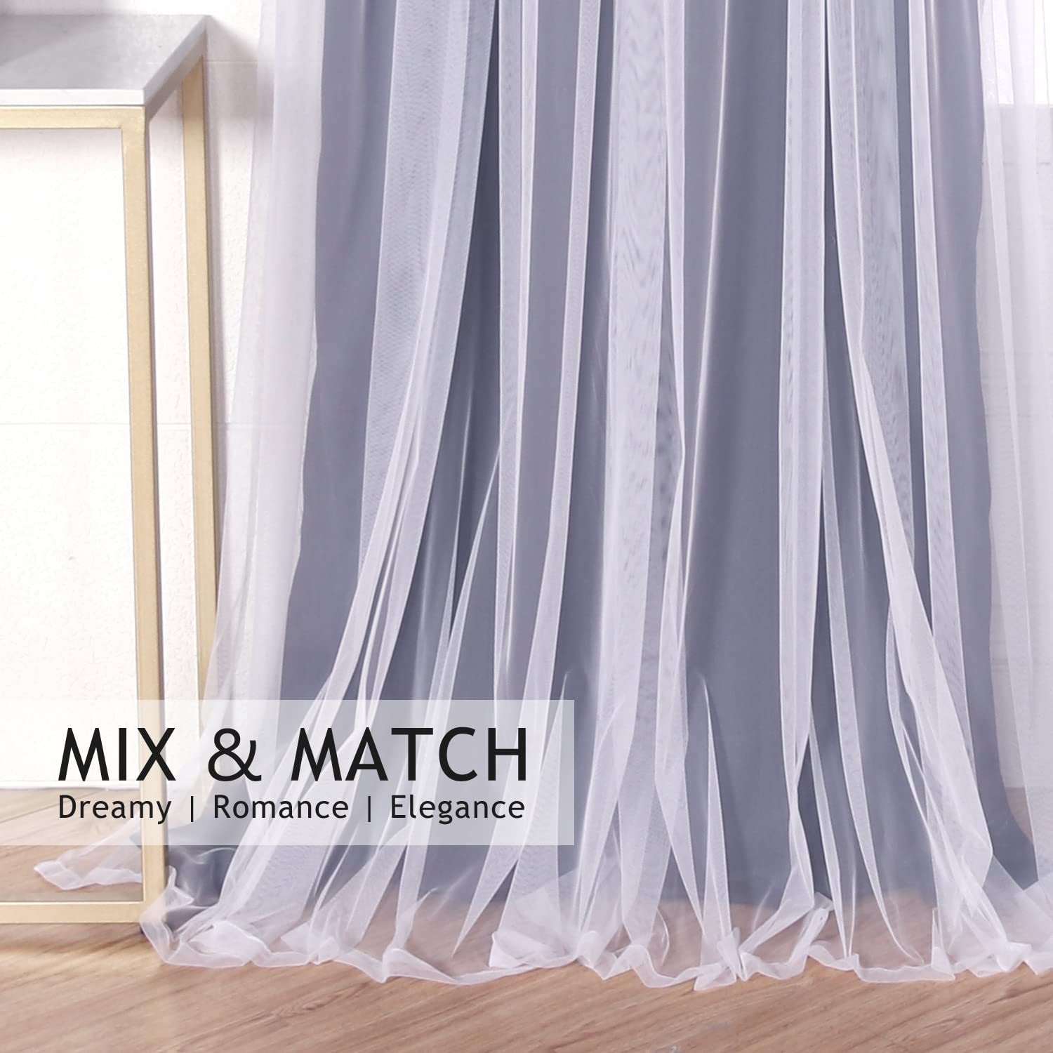 BONZER White Sheer Tulle Overlay Blackout Curtains with Grommet Top - 52x95 Inch Navy Living Room Curtains (Set of 2 Panels) for Bedroom, Nursery & Home Theater Light Control
