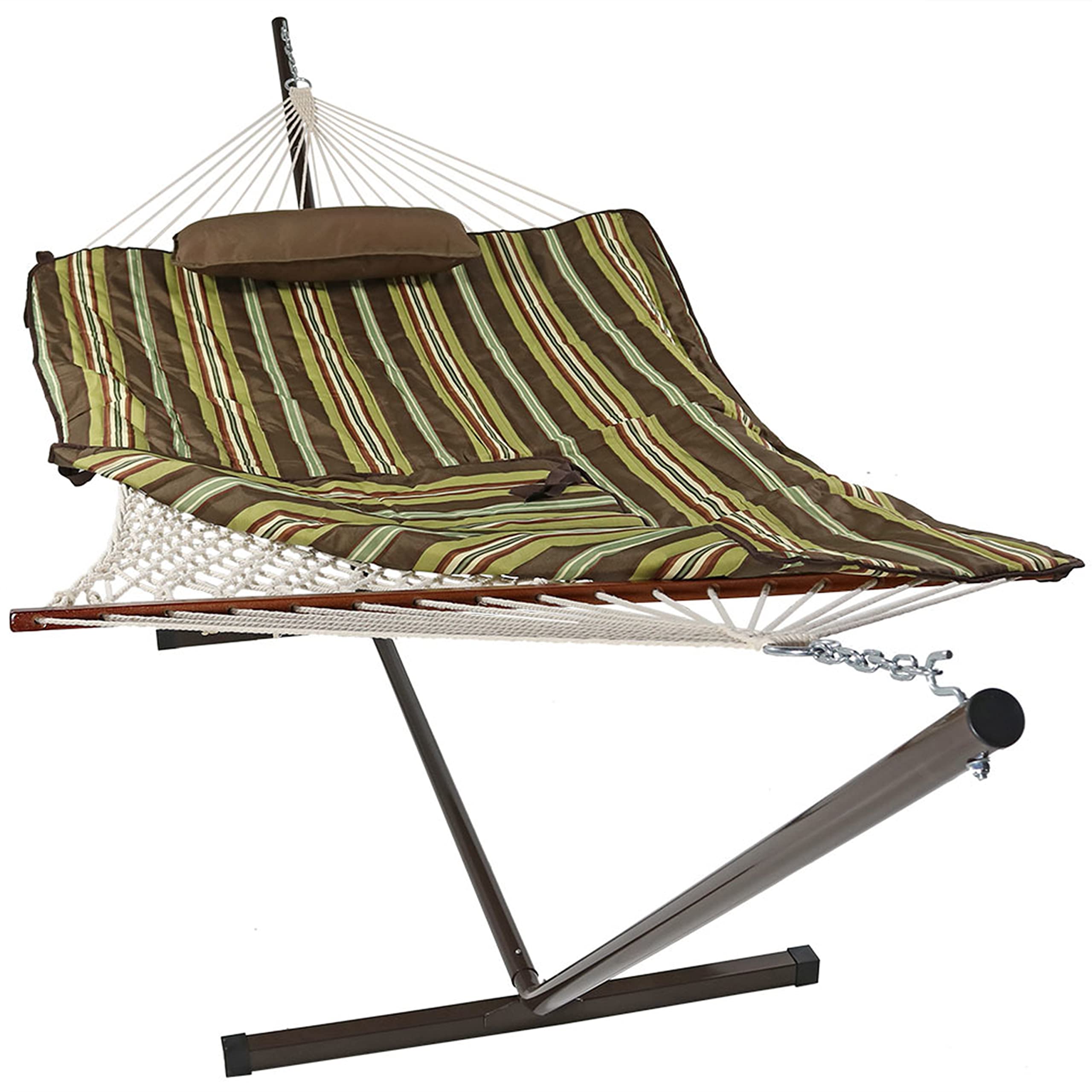 Sunnydaze 12-Foot Rope Hammock with Stand & Cushion - 275 lb Weight Capacity - Desert Stripe Design - Perfect for Backyard, Patio, Poolside & Outdoor Relaxation