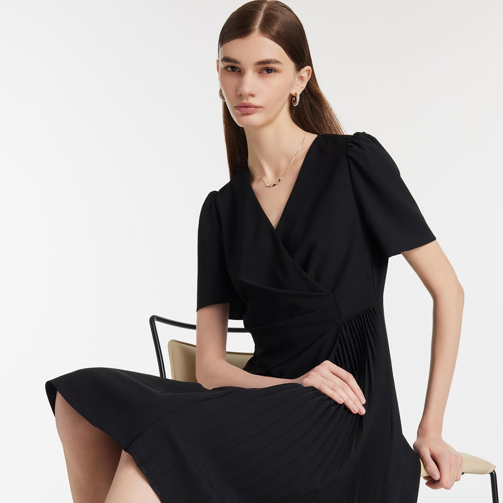 Women's Summer Black Mini Dress - Casual V-Neck Short Sleeve Patchwork Pleated A-Line Dress for Wedding Guest, Party, Date Night & Vacation | Flattering Fit for All Occasions