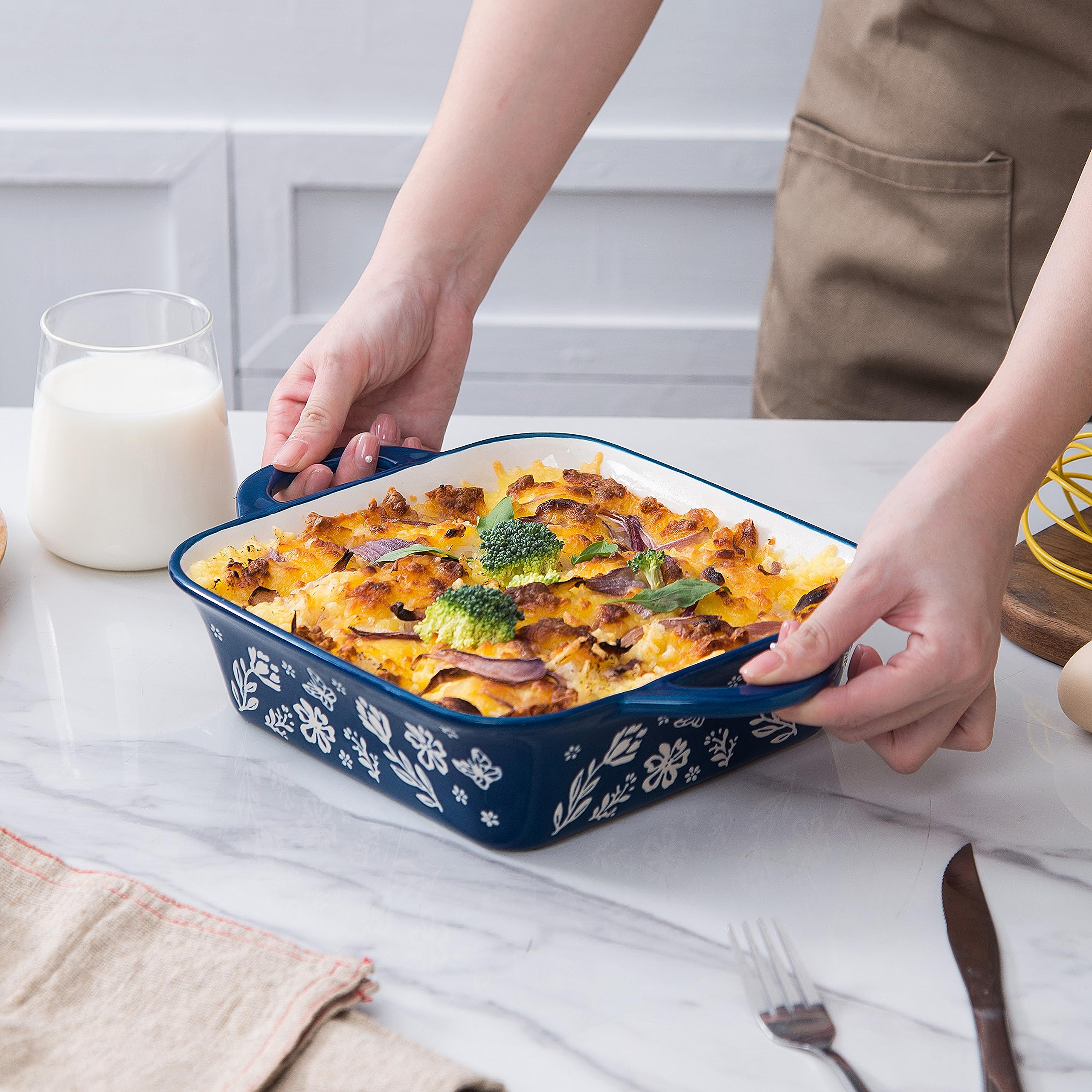 Wisenvoy 8x8 Inch Ceramic Baking Dish - Square Brownie Pan, Casserole Dish for Oven, Microwave & Freezer Safe - Perfect for Baking Brownies, Casseroles, Lasagna & Desserts
