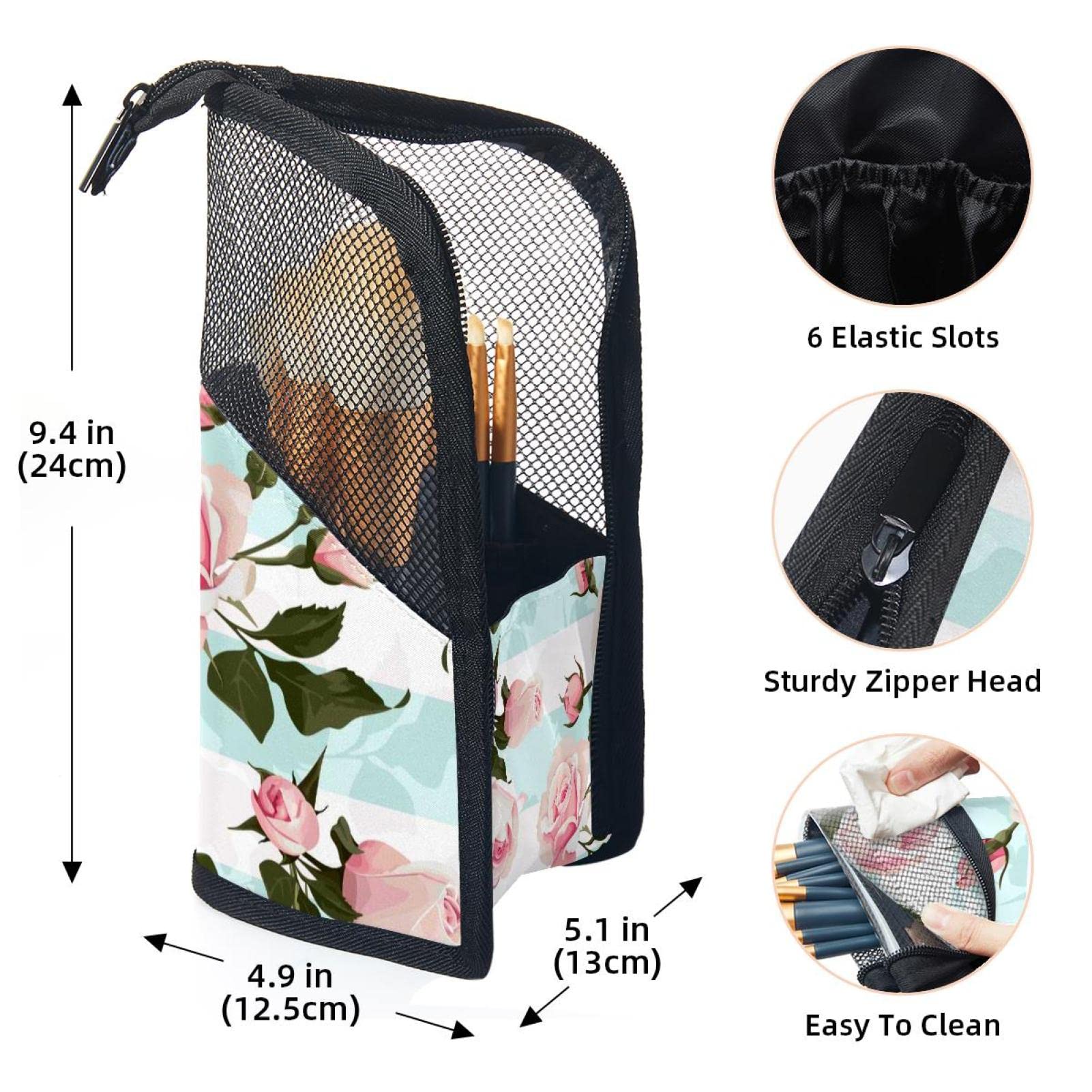 12-Piece Makeup Brush Organizer Bag with Pink Roses & Green Stripes Design - Portable Cosmetic Brush Holder Case for Travel, Home & Professional Makeup Artists