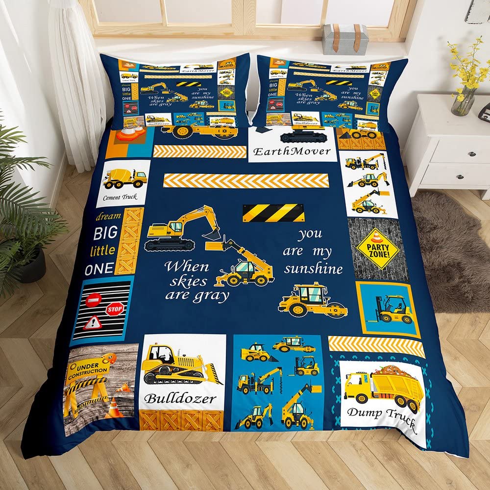 Kids Construction Truck Bedding Set - Excavator, Bulldozer Duvet Cover for Boys | Twin Size Construction Site Theme Bedroom Decor | Perfect for Playful Bedrooms & Construction-Themed Birthday Gifts