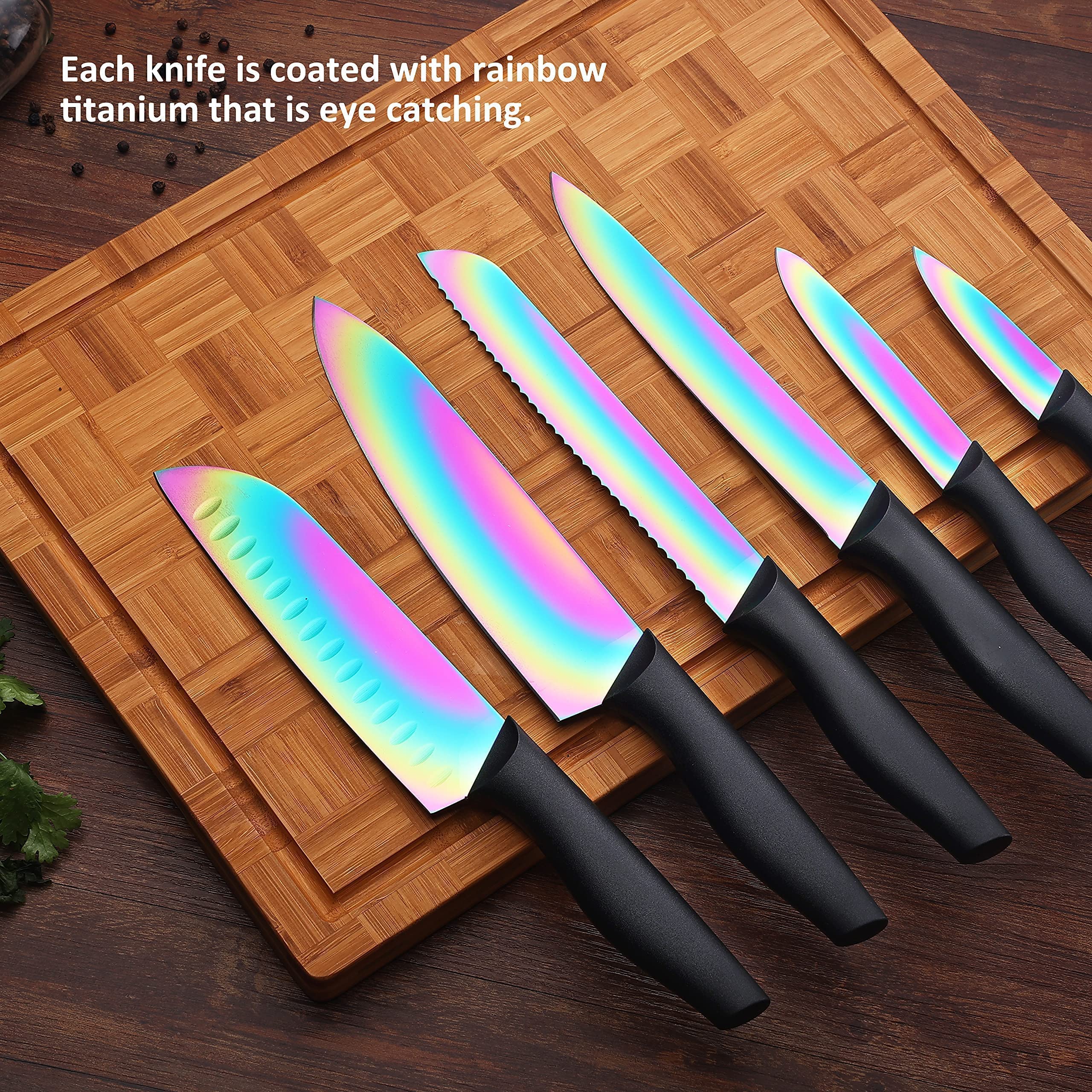KYA36 Rainbow Titanium 12-Piece Stainless Steel Kitchen Knife Set with Sheath & KYA52B 7-Piece Titanium-Plated Cooking Utensil Set - Professional Cutlery for Home Chefs, Perfect for Cooking, Slicing, and Food Prep