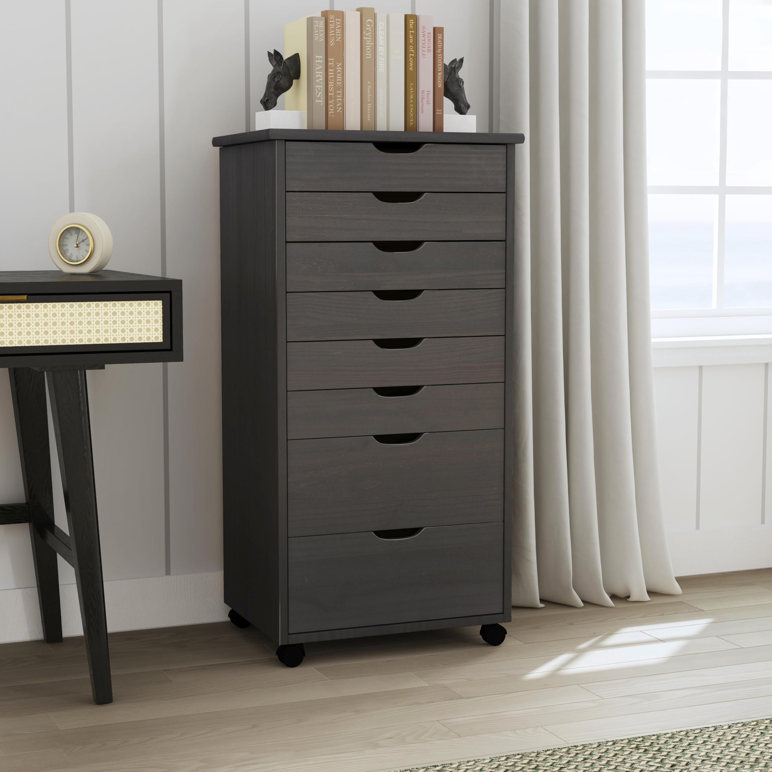 Linon Corinne 8-Drawer Rolling Storage Cart - Grey Organizer for Home, Office & Dorm | Space-Saving Mobile Cabinet for Bedroom, Bathroom & Kitchen Organization