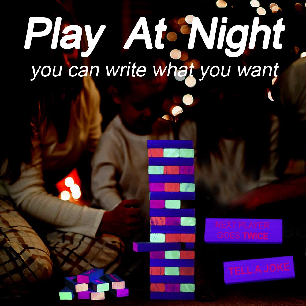 Glow in the Dark Drinking Jenga Game for Adults - 54 Black Light Reactive Blocks with Fun Drinking Challenges | Perfect for Night Parties, Bachelor/Bachelorette Events & Bar Games (Day or Night Use)