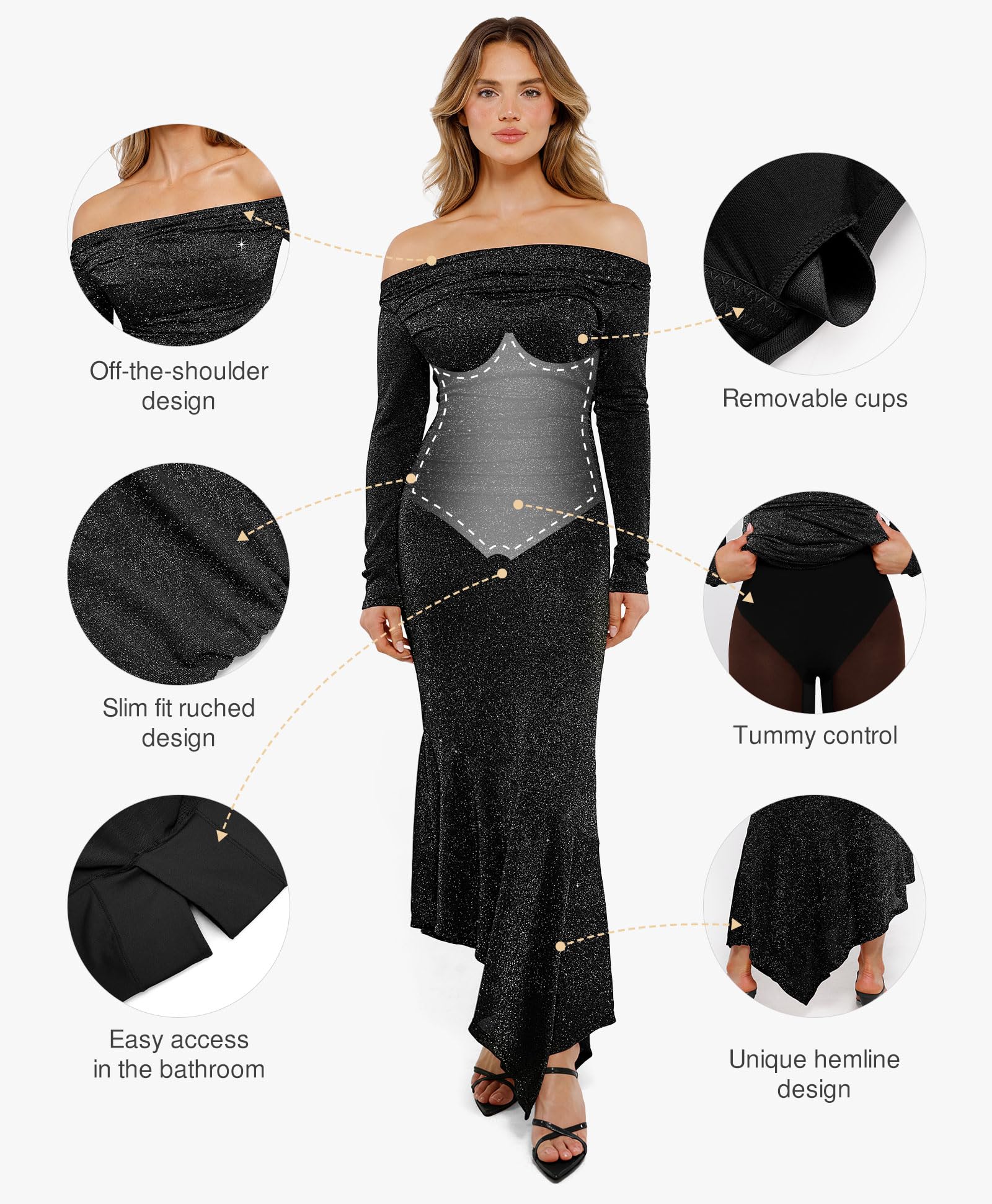 Sparkly Long Sleeve Off-Shoulder Bodycon Dress for Women | Cocktail & Party Mermaid Dress with Built-In Shapewear | Perfect for Evening Events, Date Nights & Special Occasions