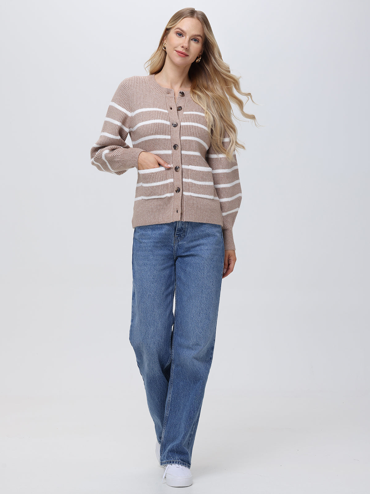 Josie: Women's Striped Crewneck Cardigan Sweater - Cozy Knit Pullover for Casual Outfits & Layering in Fall & Winter