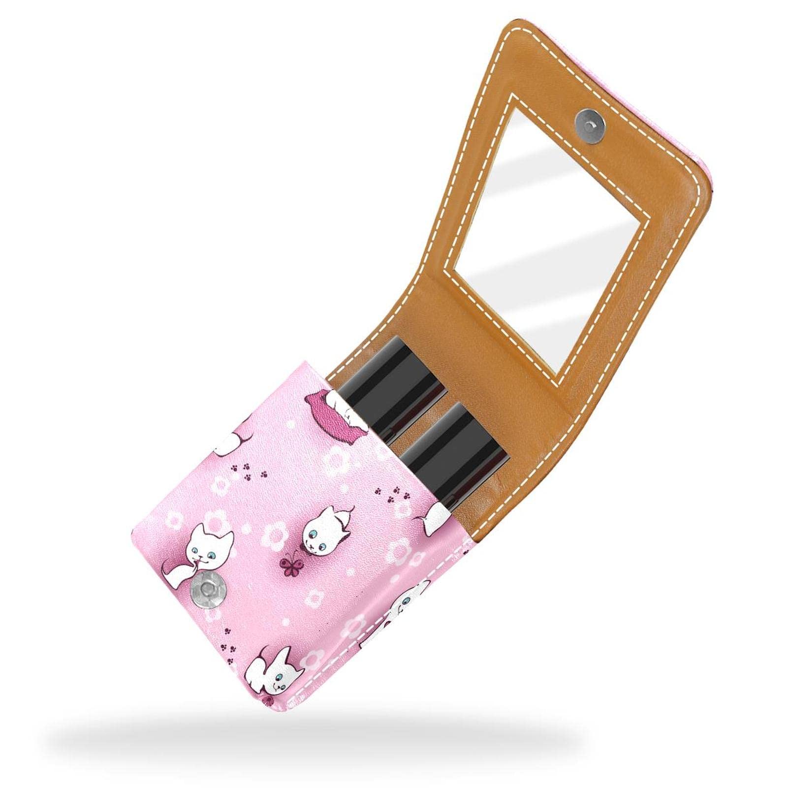 White Floral Kitten Makeup Lipstick Case - Portable Travel Lip Gloss Holder with Mirror, Mini Lipstick Organizer Storage Box for Women | Perfect for Travel, Daily Purse & Makeup Organization