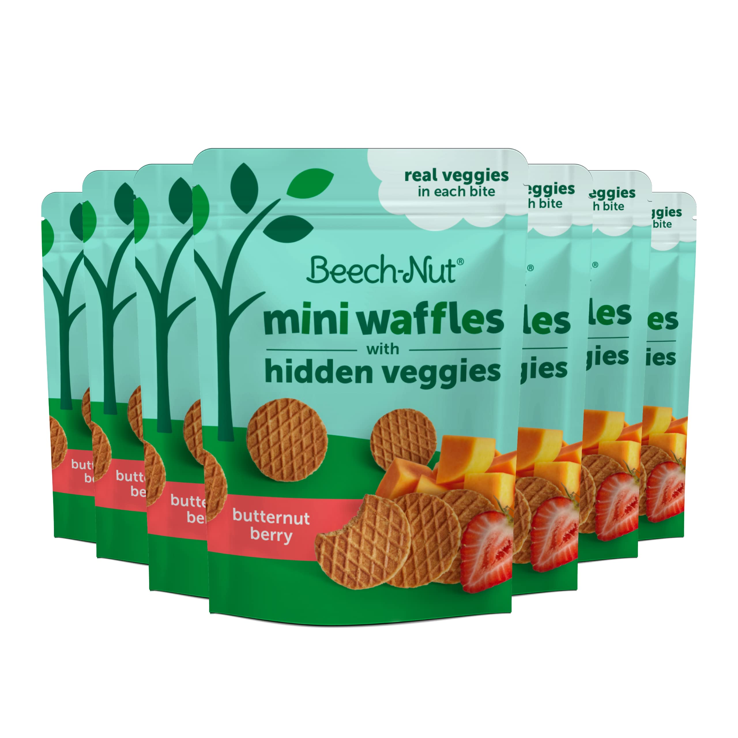 Beech-Nut Toddler Snacks Mini Waffles with Hidden Veggies - Butternut Berry Flavor, Non-GMO, 3.2 oz Bags (7 Pack) | Healthy Baby Food for On-the-Go, Daycare & Travel Snacking