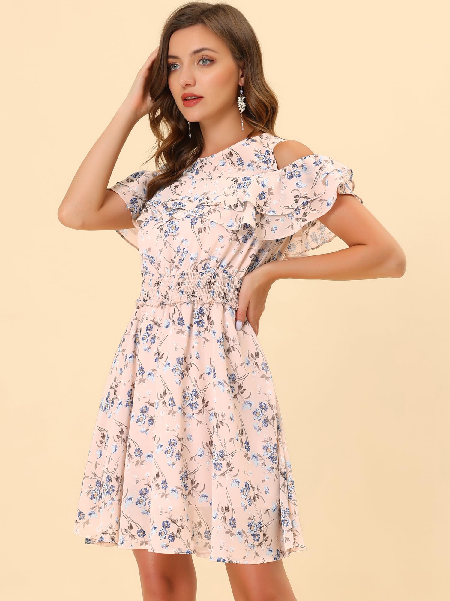 Allegra K Women's Summer Floral Chiffon Cold Shoulder Mini Dress with Smocked Waist - Perfect for Beach Vacations, Date Nights & Summer Parties