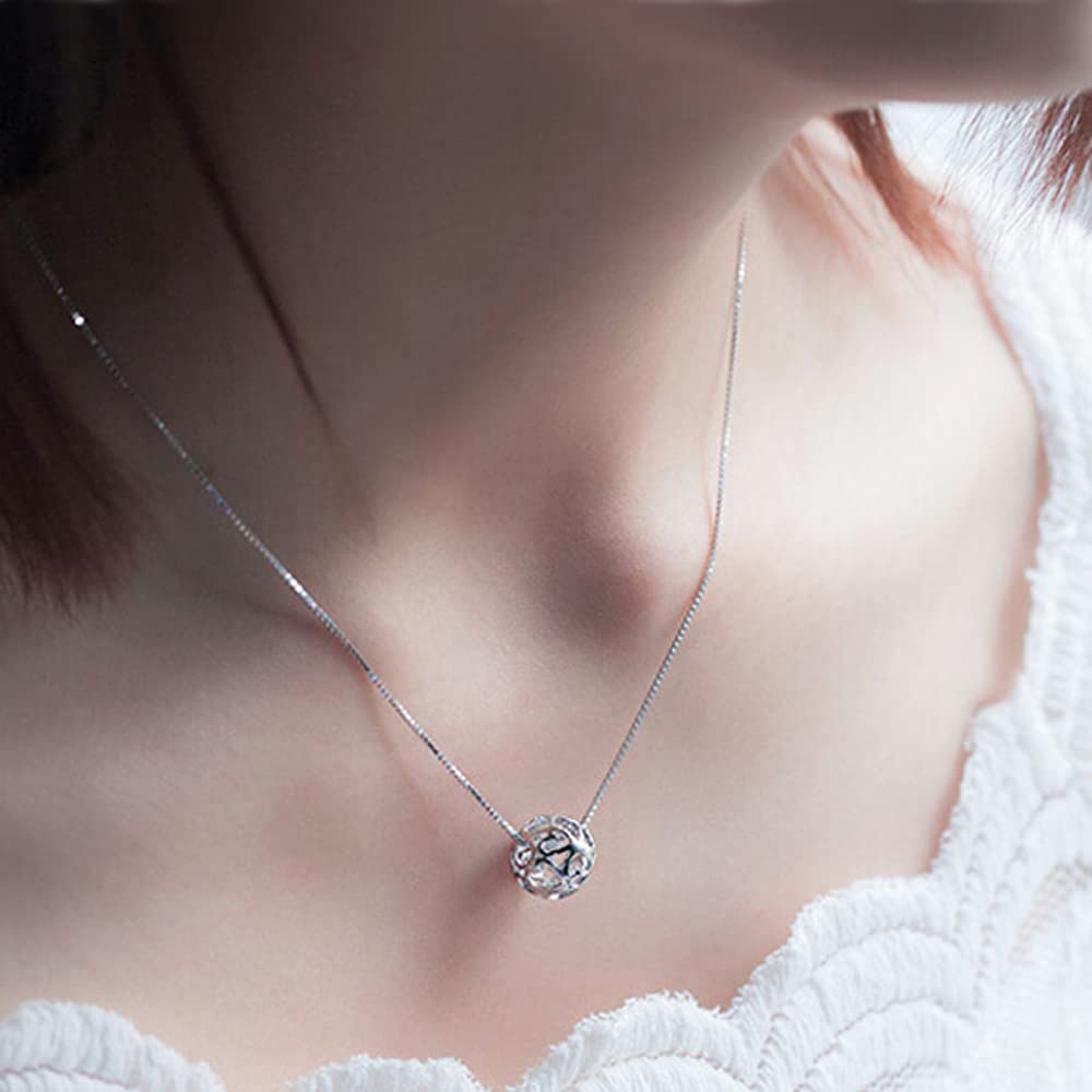 925 Sterling Silver Women's Necklace - Hollow Ball Pendant Choker with Box Chain (17