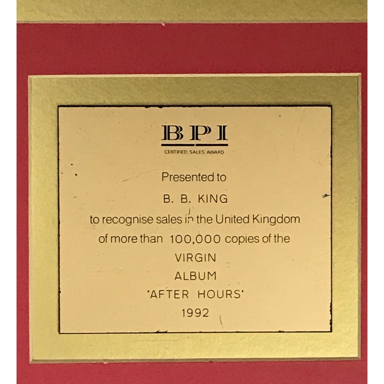 Gary Moore After Hours BPI Gold Album Award Presented to B.B. King - Rare Collectible Music Memorabilia for Blues Fans & Record Collectors