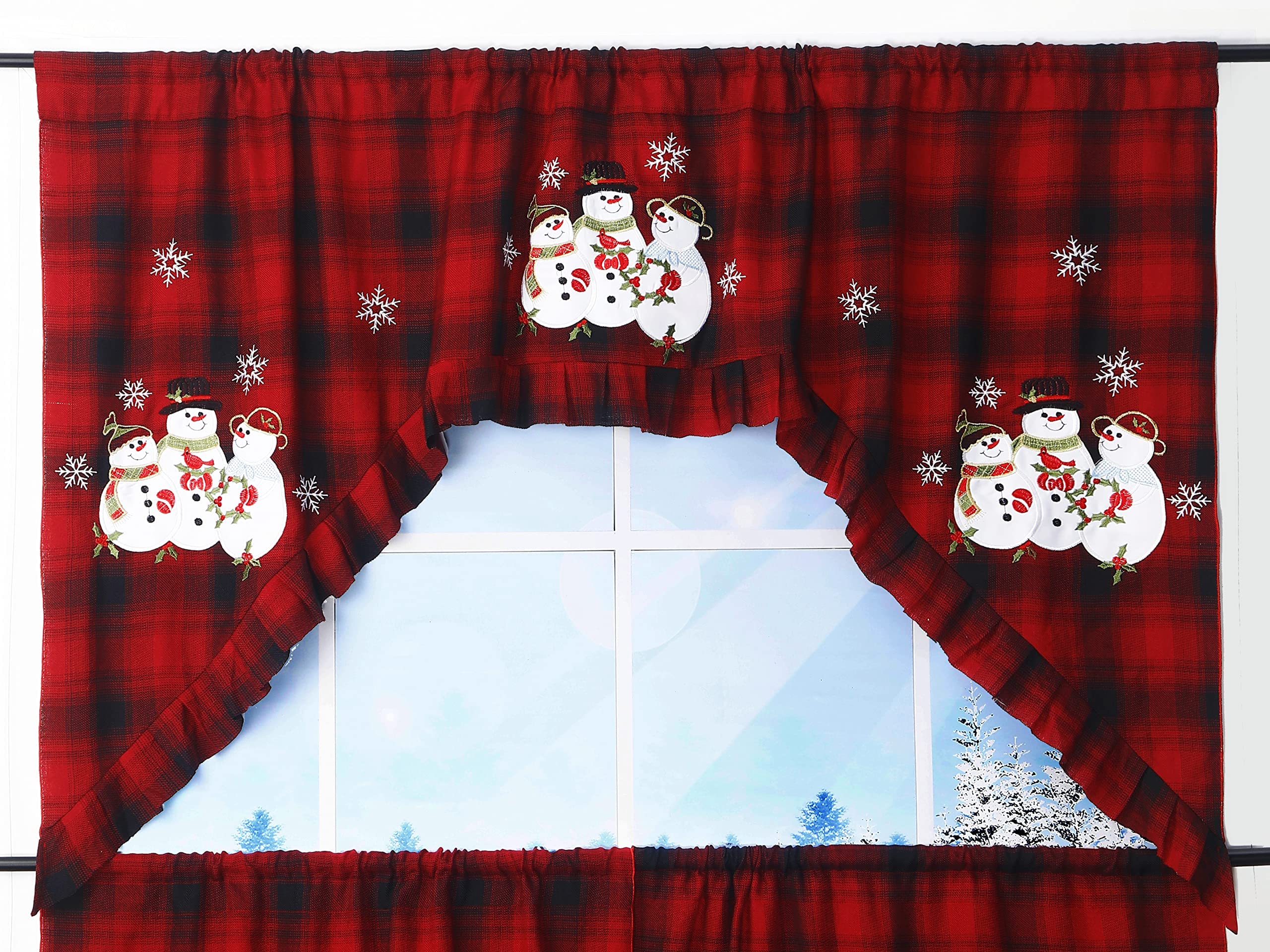 GRANDDECO 3-Piece Christmas Kitchen Curtain Set - Plaid Snowman Window Curtains with Valance for Small Windows | Rod Pocket Design for Bathroom & Kitchen Decor | Perfect for Holiday Home Styling