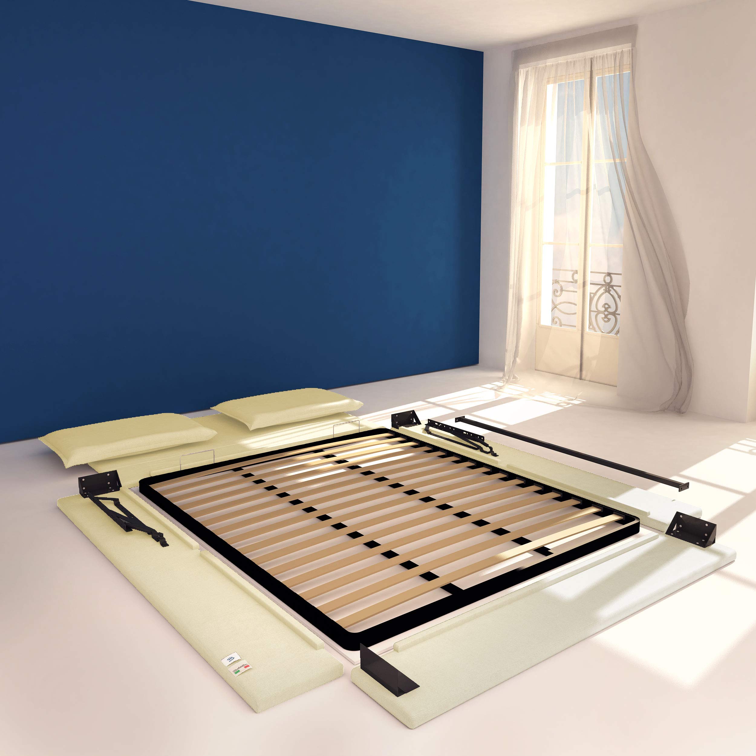 Baldiflex Licia Queen Size Bed Frame with Storage, Synthetic Upholstered Headboard, Slatted Base - Cream, 160x190cm - Perfect for Small Bedrooms & Guest Rooms