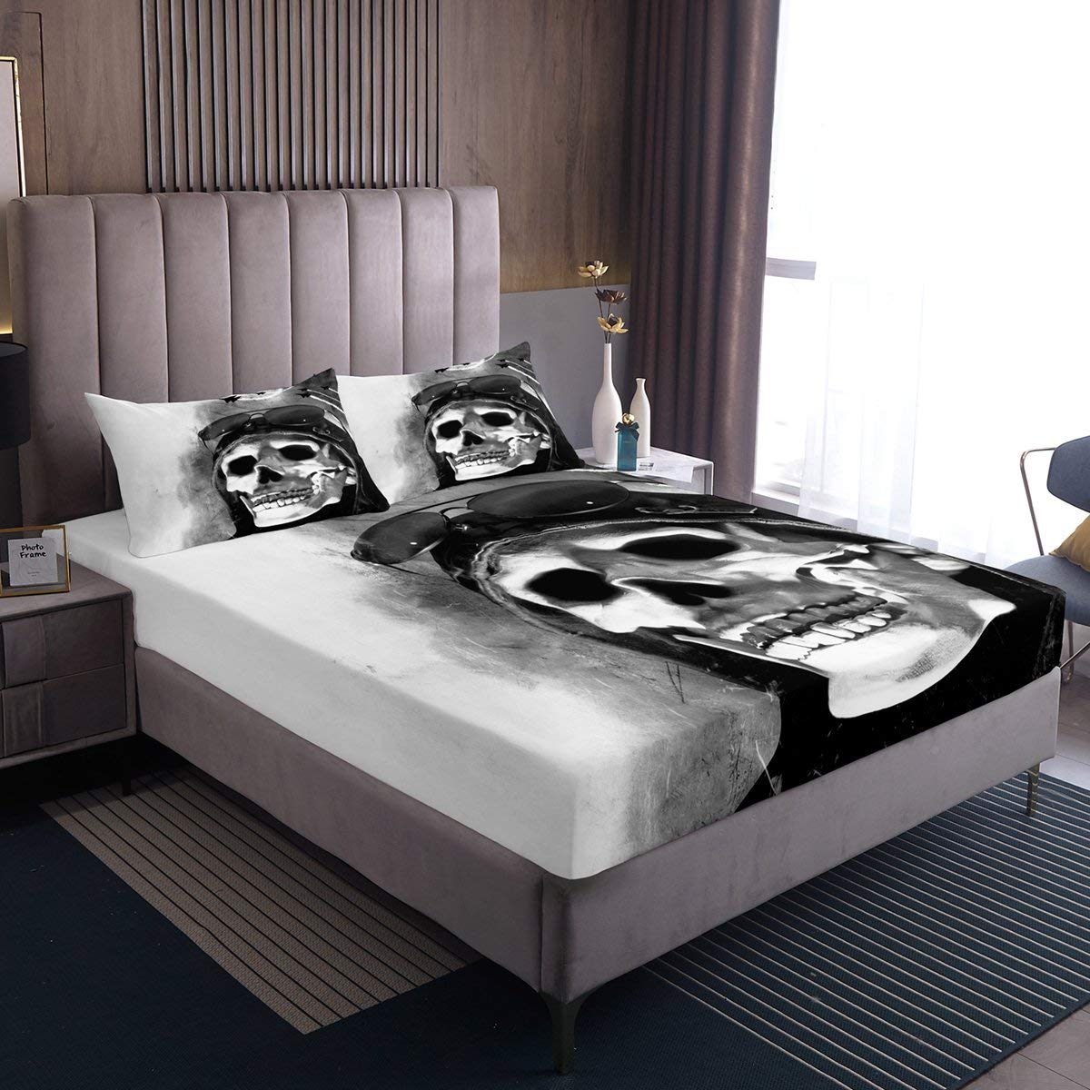 Feelyou Skull Print Bed Sheet Set - Gothic Skeleton Design Twin Size Bedding for Kids & Teens (2PC Fitted Sheet + Pillowcase) - Perfect for Halloween Decor, Themed Bedrooms & Horror Party Decorations