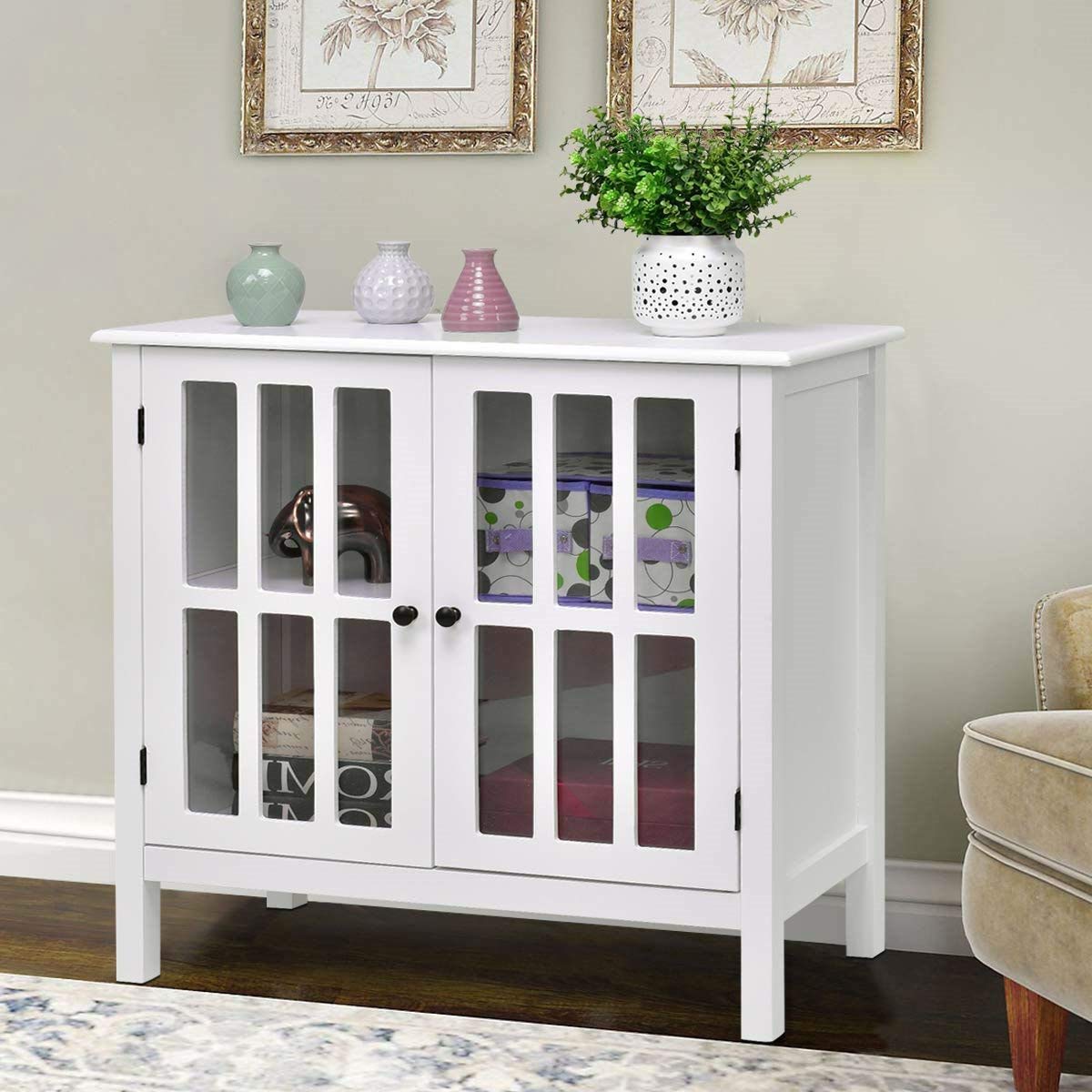 White Wood Bathroom Storage Floor Cabinet with Glass Doors - Modern Bathroom Organizer for Towels, Toiletries & Cosmetics - Perfect for Small Spaces, Apartments & Vanities