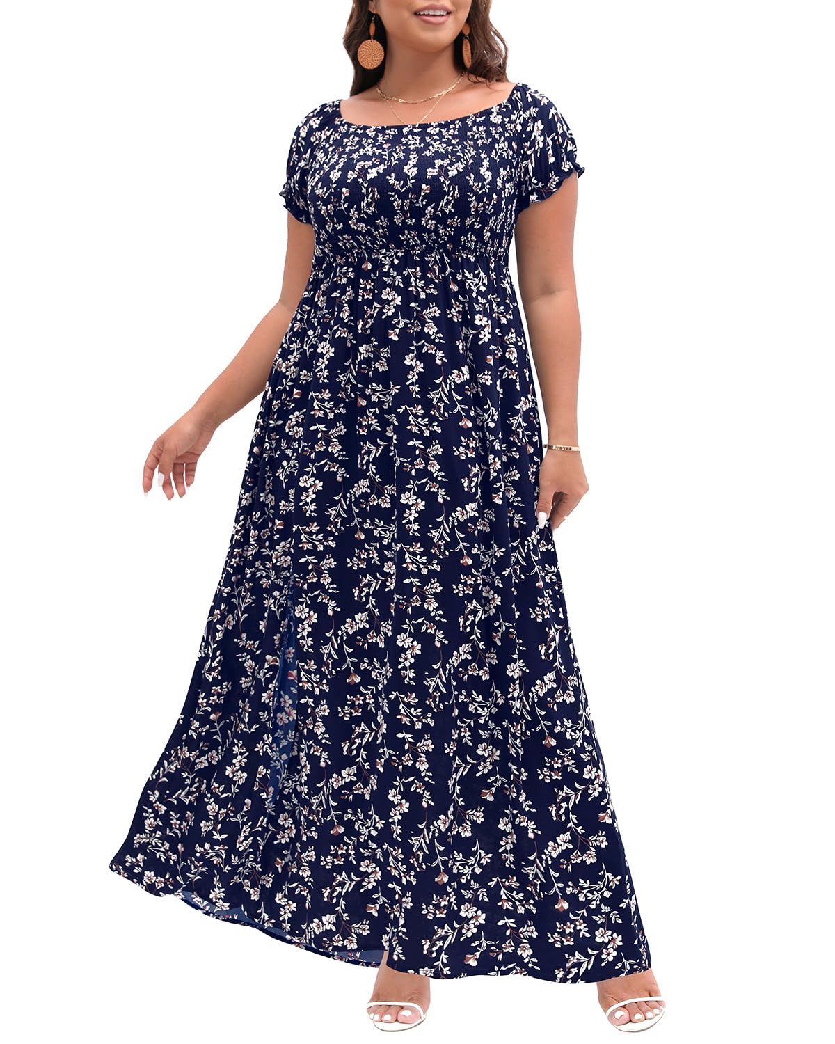 Plus Size Summer Dresses for Women - Floral Boho Casual Off Shoulder Long Maxi Dress with Pockets | Beach Vacation, Outdoor Date, Party Wear
