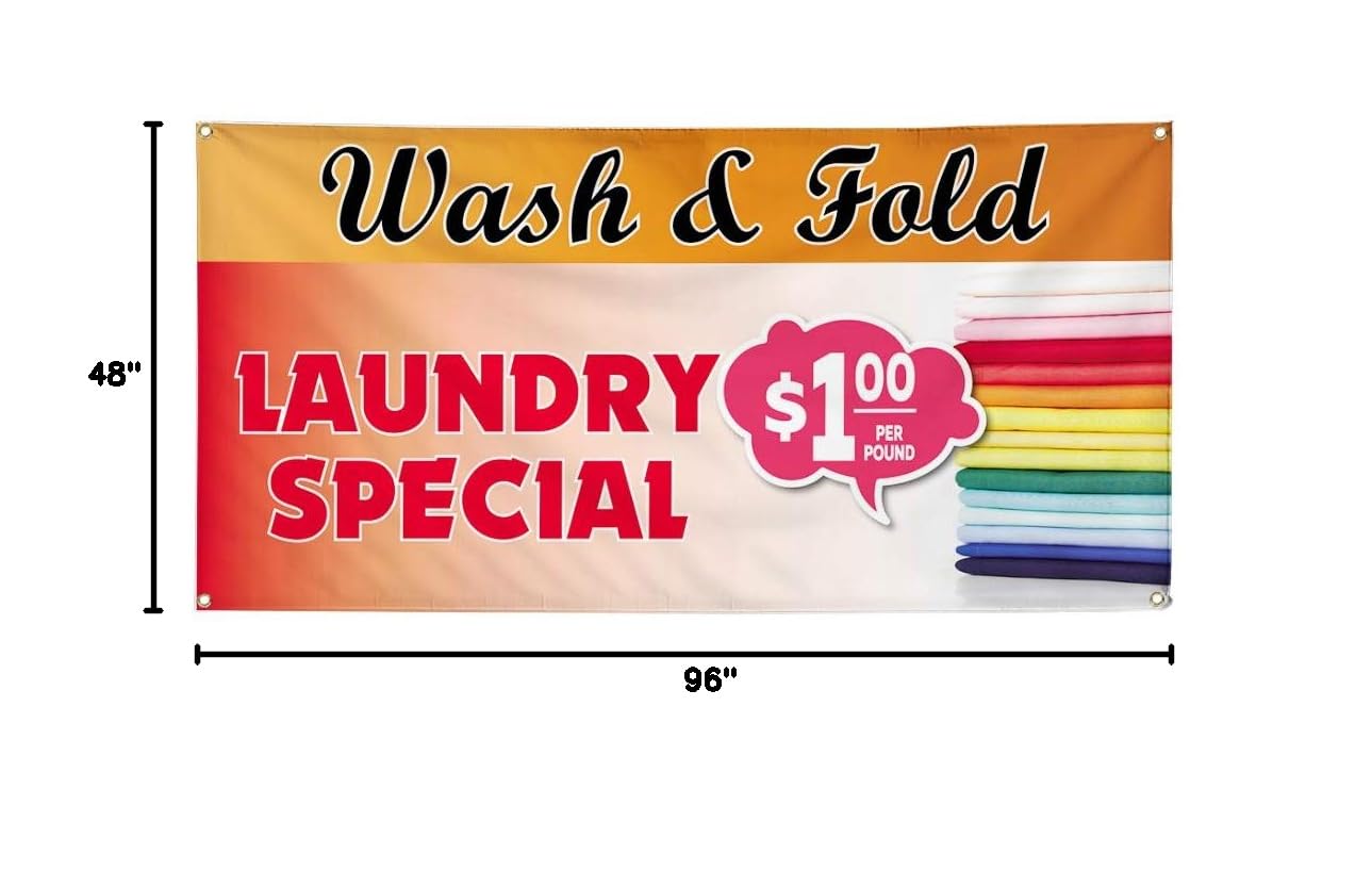 Wash & Fold Laundry Business Vinyl Banner - Weatherproof Outdoor Yard Sign with 8 Grommets (48x96 Inches) - Multiple Sizes Available for Commercial & Industrial Use - Perfect for Laundry Services, Dry Cleaners & Retail Promotions
