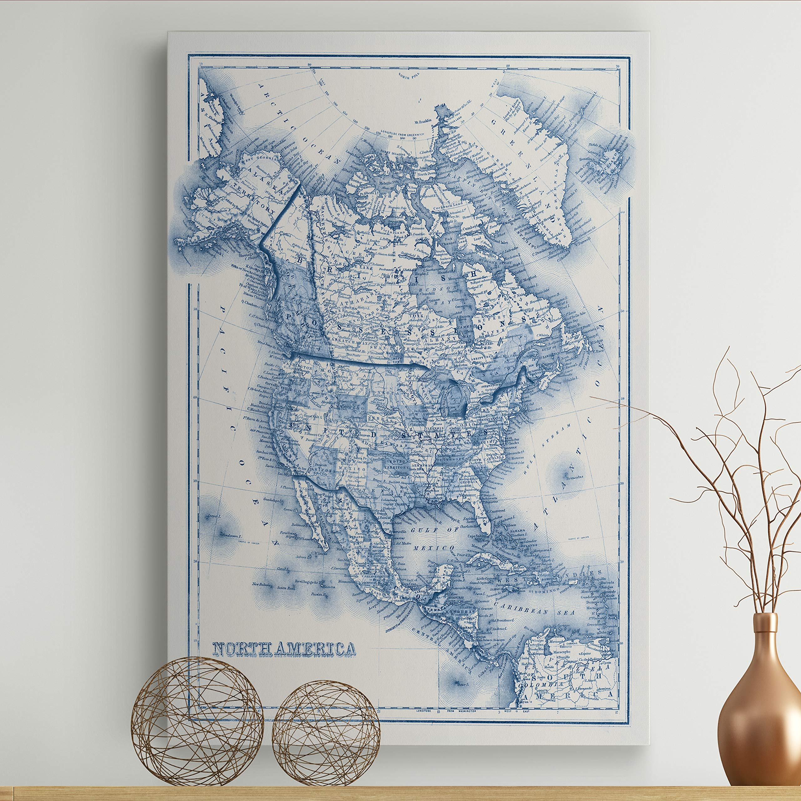 North America in Shades of Blue Gallery Wrapped Canvas Wall Art - Stunning Blue Map Decor for Living Room, Office & Bedroom - Perfect Home & Gift Idea