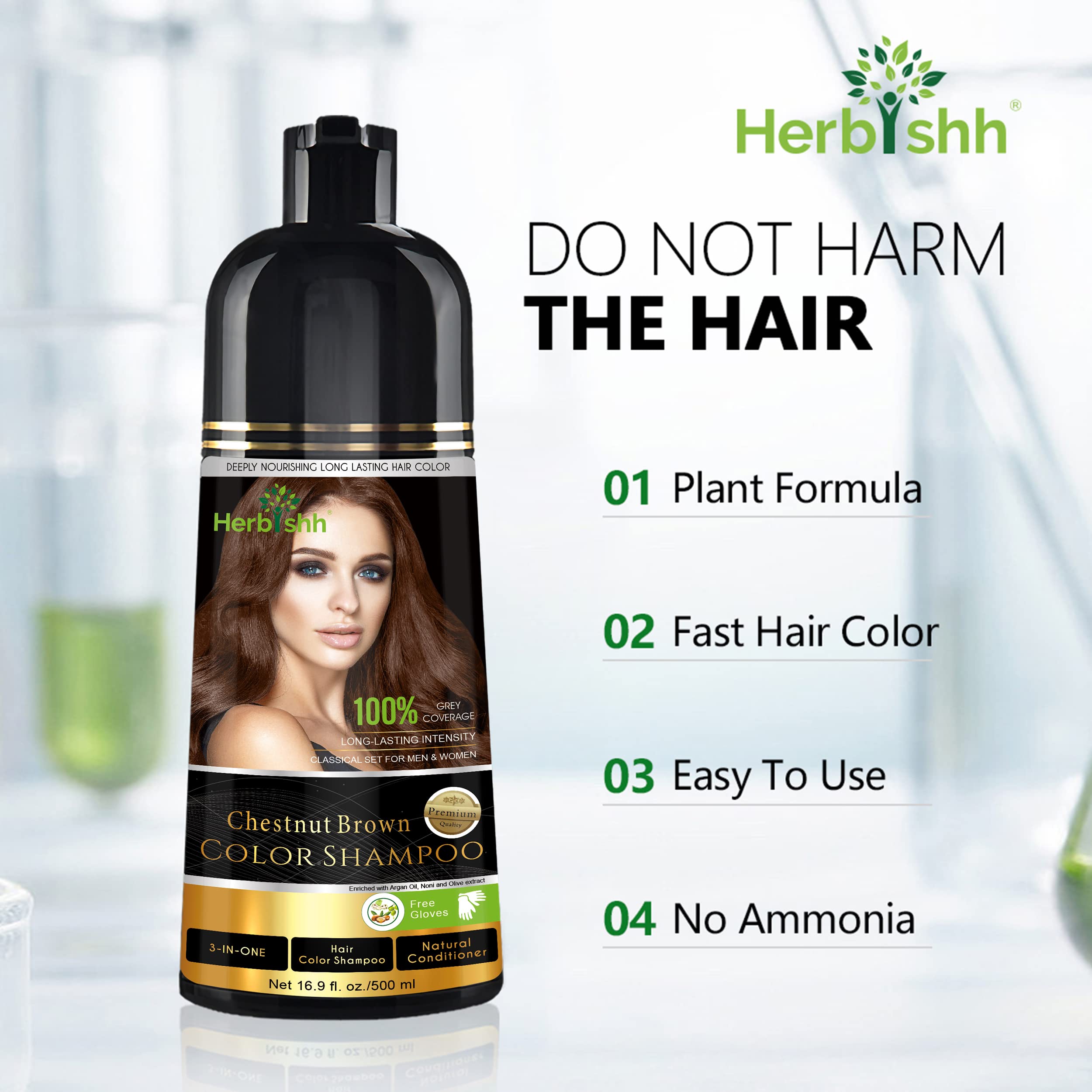 Herbishh Chestnut Brown Hair Color Shampoo Set - 3 Bottles with Deep Conditioning Hair Mask & Styling Brush | At-Home Hair Coloring & Nourishment for Vibrant, Long-Lasting Color