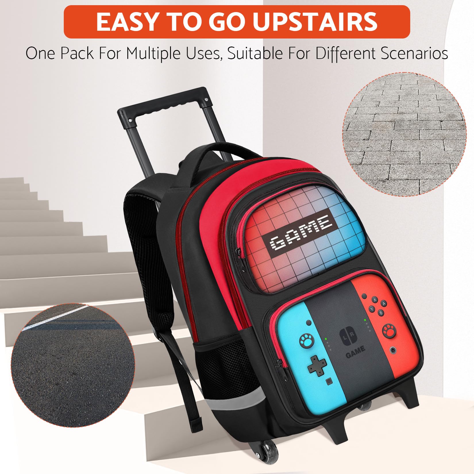 Gamer Kids Rolling Backpack with Wheels for Boys Aged 6-18 - Lightweight Wheeled School Bookbag for Elementary & Middle School Students - Durable Travel Backpack for School, Gaming Conventions & Daily Commute