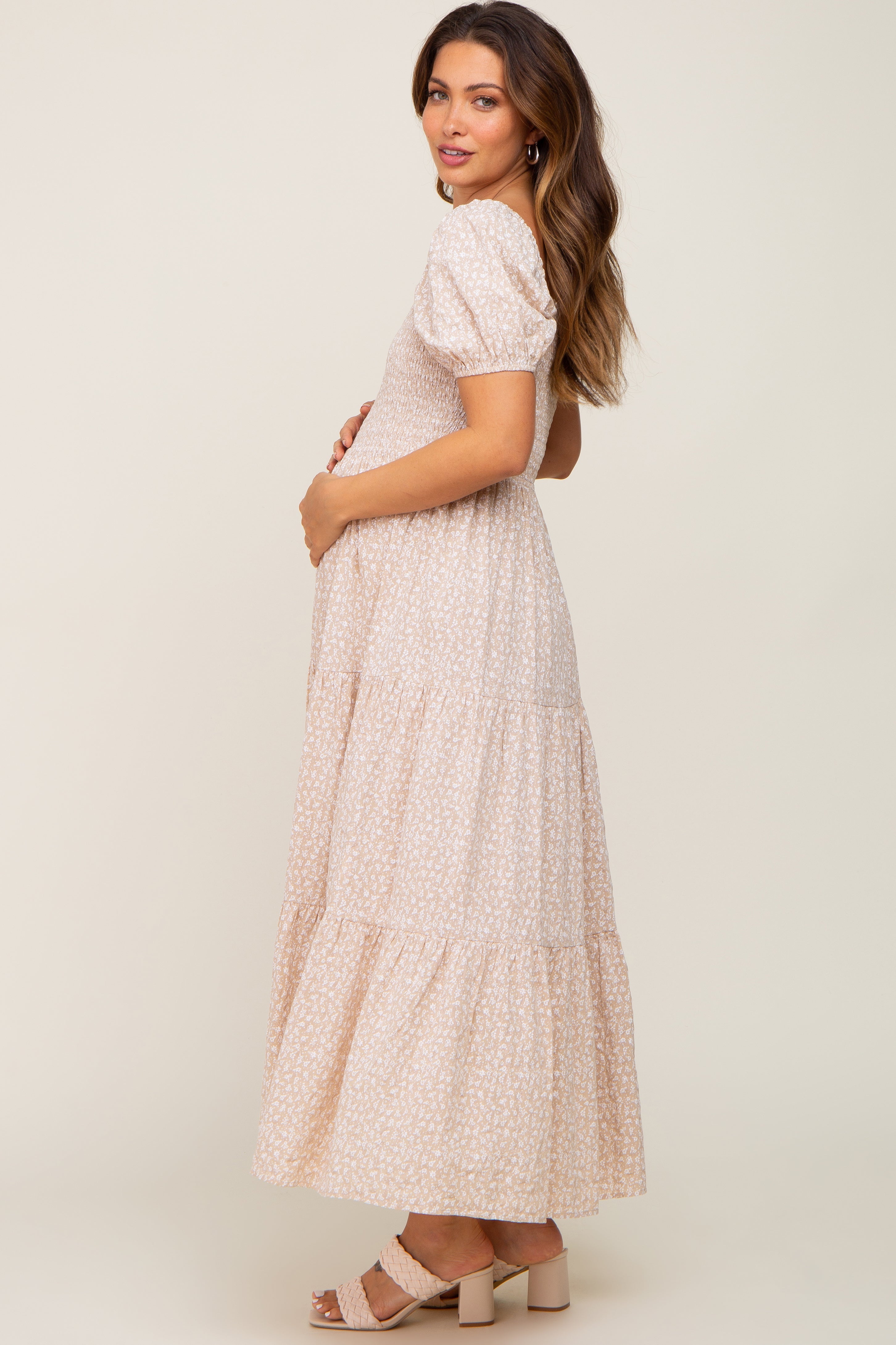 Beige Floral Smocked Square Neck Maternity Midi Dress for Pregnancy, Baby Shower & Special Occasions - Comfortable & Stylish Summer Dress for Expecting Moms