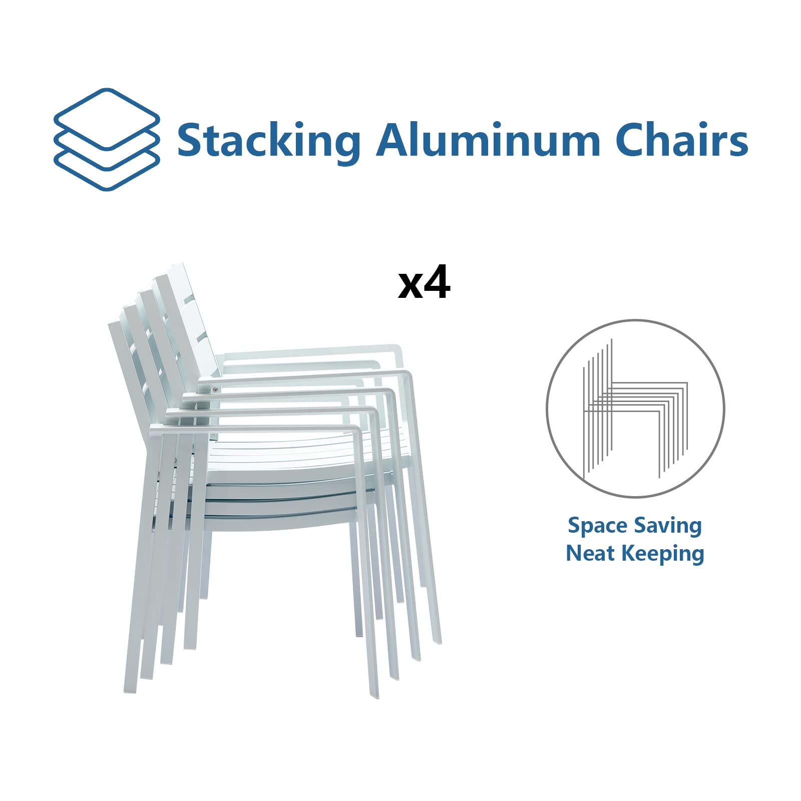 4-Piece Patio Dining Chairs Set - Stackable Outdoor Chairs with Aluminum Frame & Wide Seats - White Garden Furniture for Backyard, Deck, Poolside & Restaurant Use