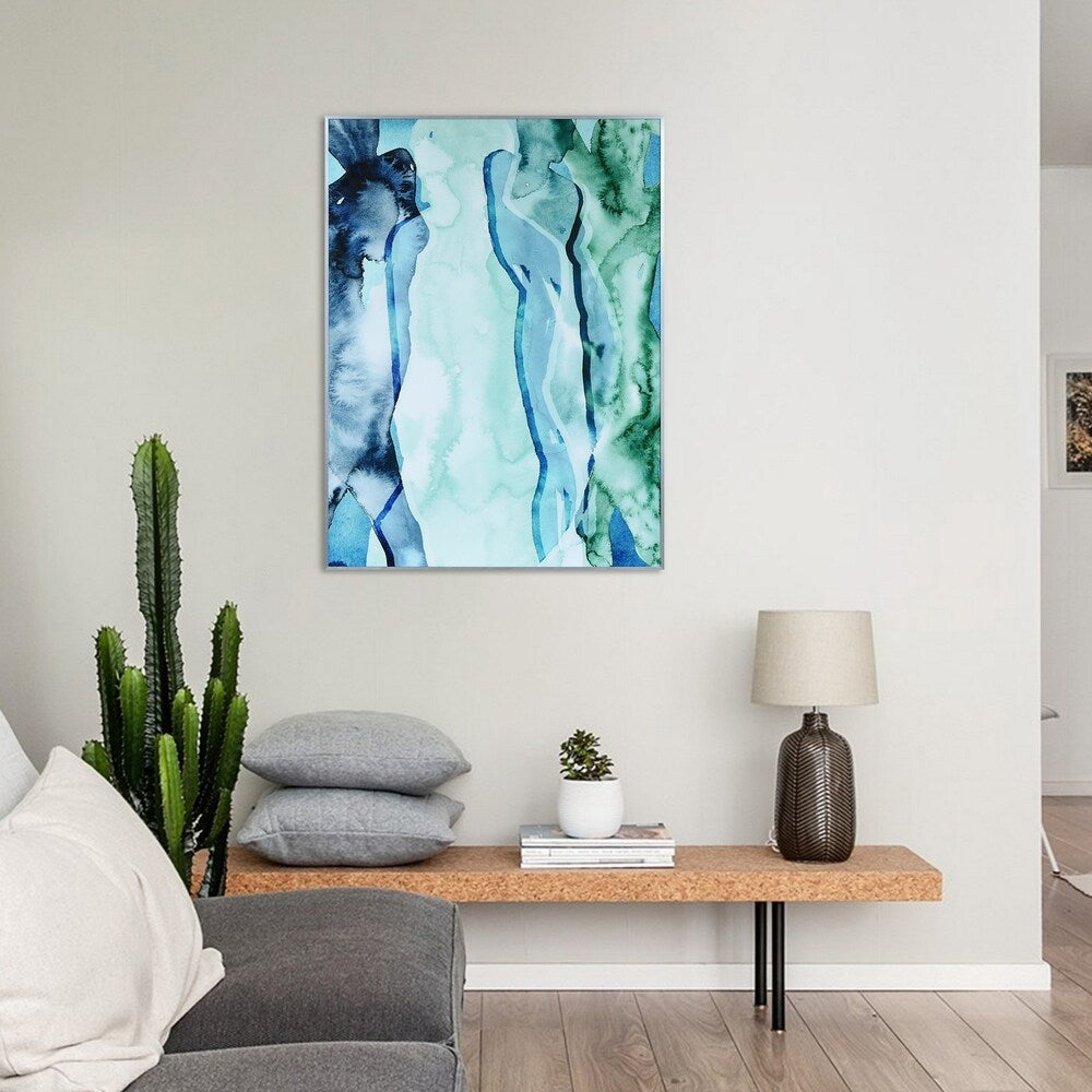 Abstract Blue & Green Silhouette Wall Art - Glass Panel with Silver Anodized Aluminum Frame - Modern Home & Office Decor for Living Room, Bedroom or Workspace