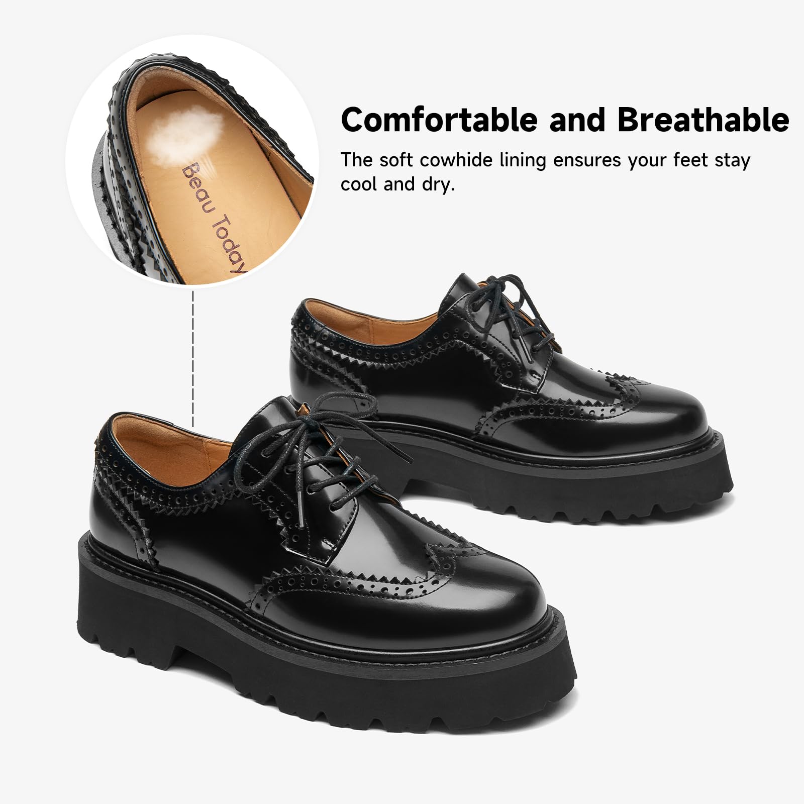 BEAU TODAY Women's Platform Oxford Shoes - Chunky Leather Lace-Up Comfortable Dress Shoes for Business, Office & Casual Wear | Perfect for Work, Daily Commute & Professional Outfits