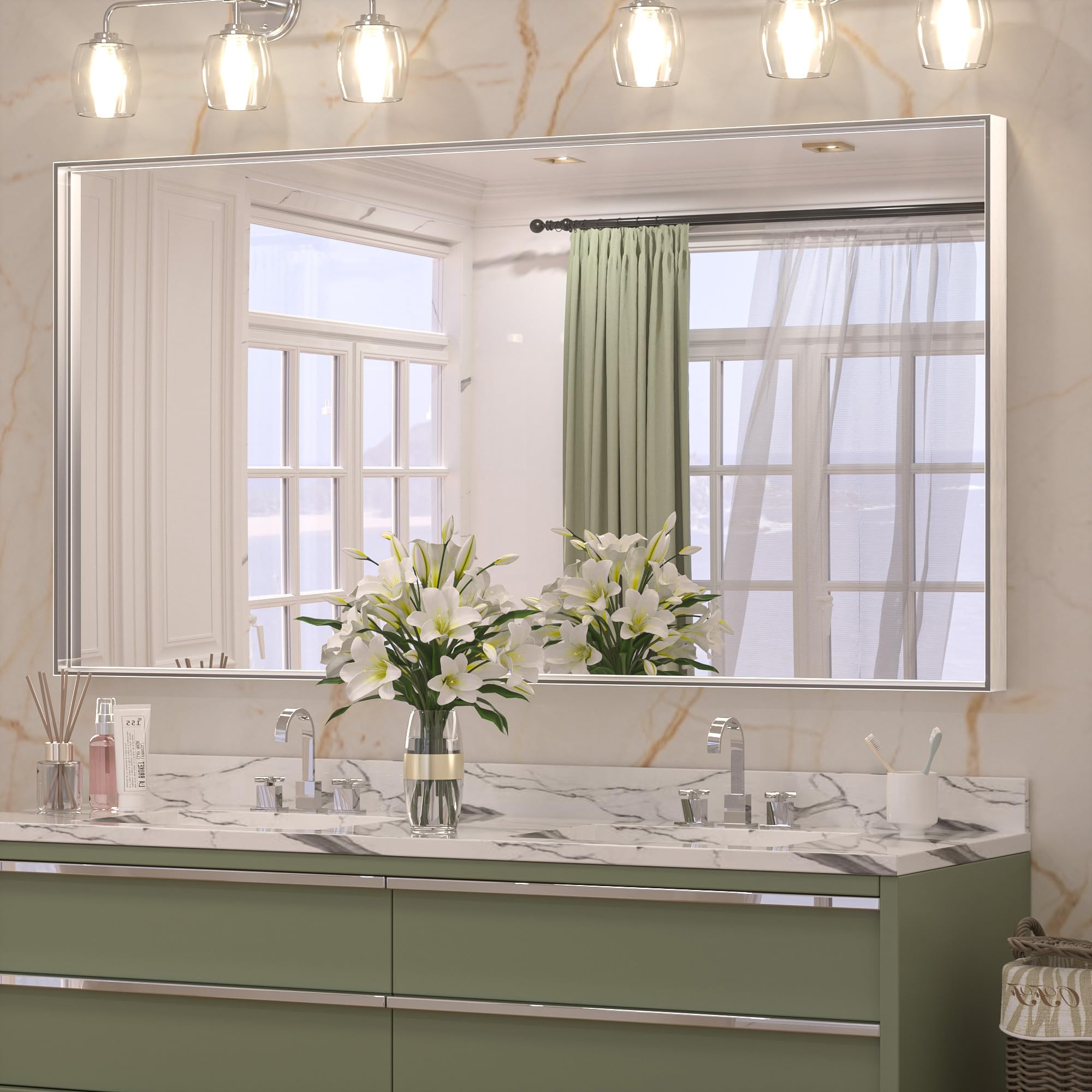 Keonjinn 60 x 30 Inch Silver Bathroom Vanity Mirror - Large Rectangular Wall Mirror with Metal Frame, Farmhouse Style - Horizontal/Vertical Mounting for Over Sink - Perfect for Bathroom Decor, Makeup Application and Dressing Area