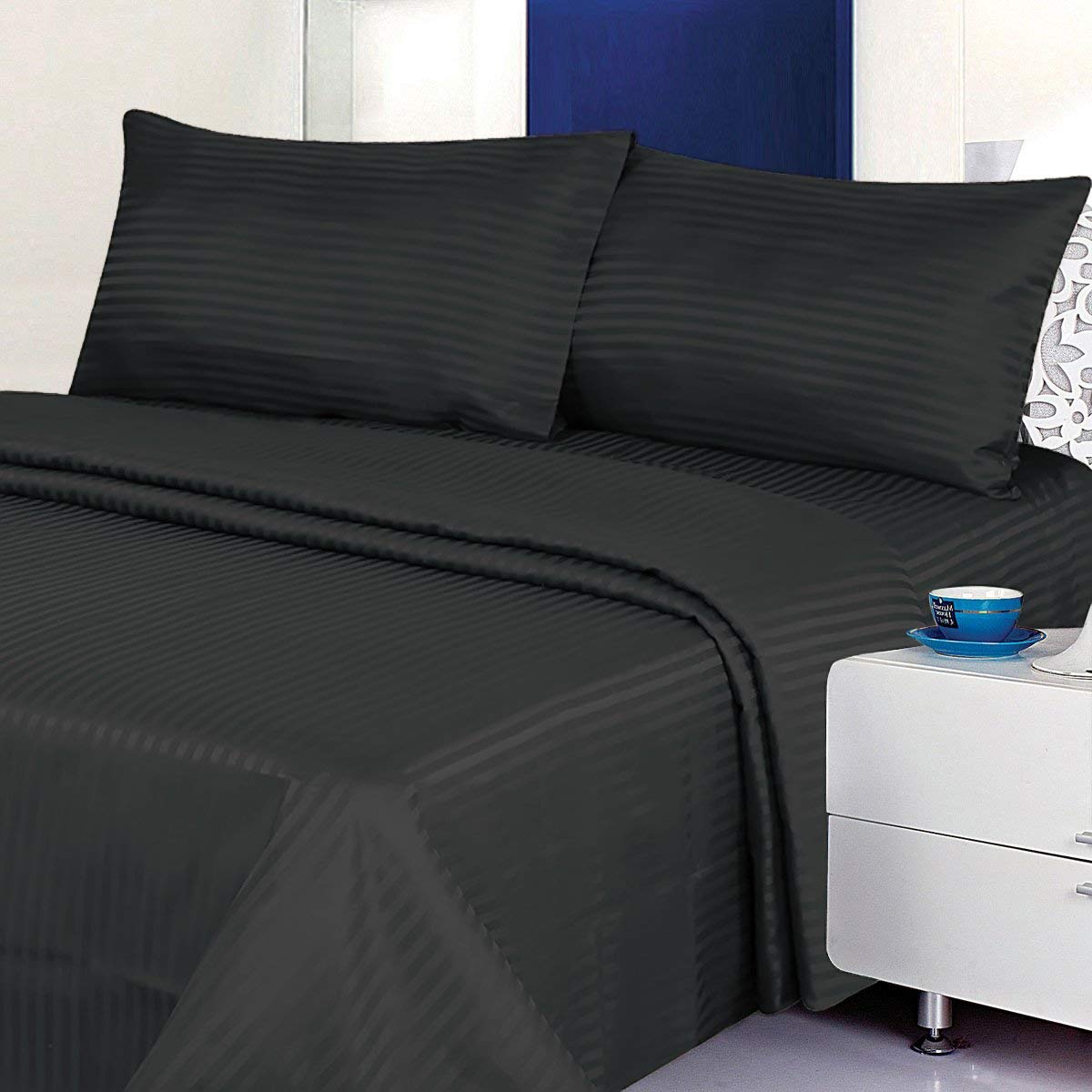 Luxury 1500 Thread Count 100% Cotton Queen Size Sheet Set (6-Piece) - Deep Pocket 15-18 Inch, Hotel Quality Bedding for Ultimate Comfort | Perfect for Master Bedroom, Guest Room & Vacation Homes (Stripe, Black)