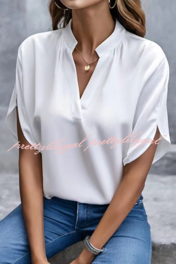 Solid Color V-Neck Short Sleeve Casual Loose Shirt Top for Women - Comfortable Summer Blouse for Work, Travel & Everyday Wear