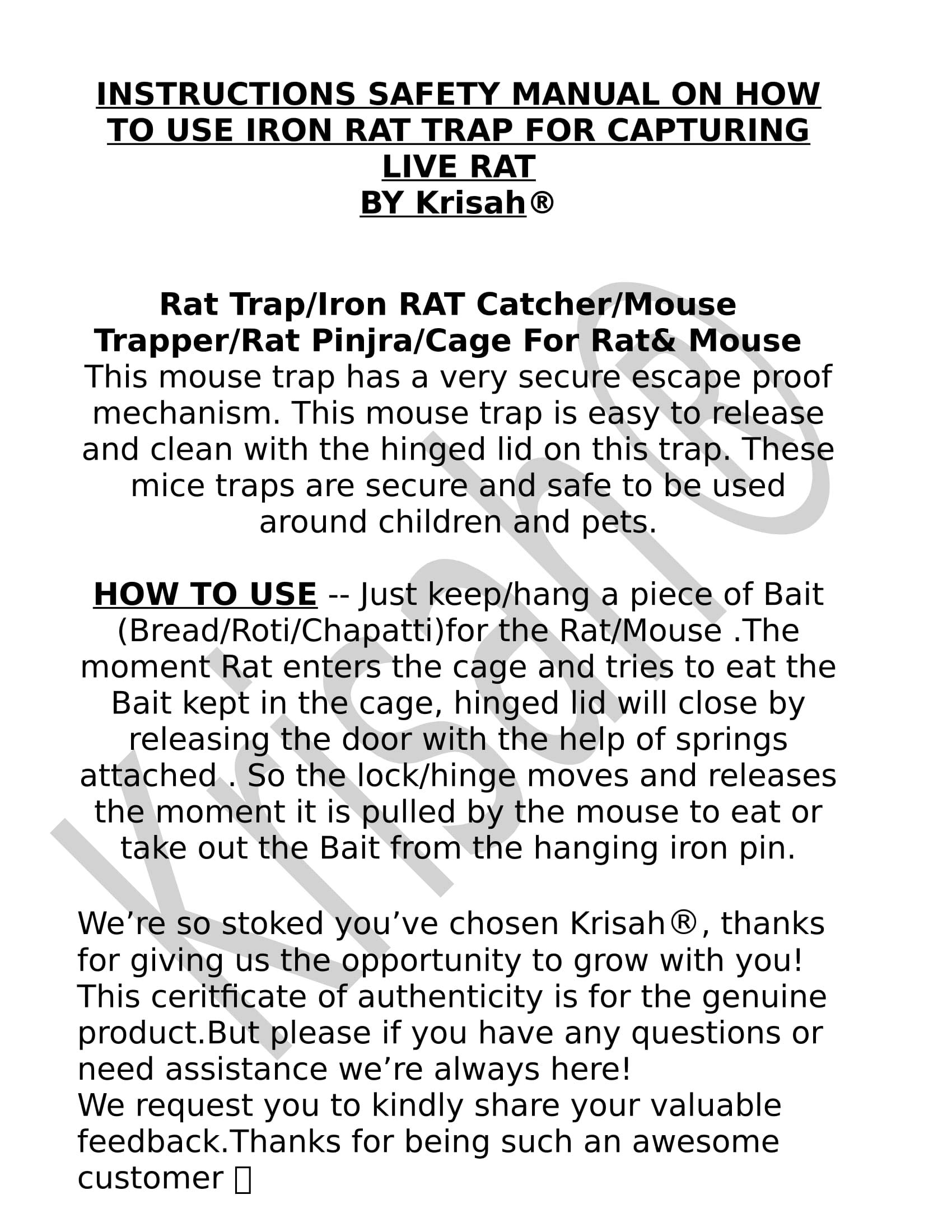 Krisah® Humane Rat Trap Cage - Large 26x10x11.5cm - Rustic Copper Metal Live Animal Trap for Mice, Rodents - Safe Indoor/Outdoor Use for Home, Garage, Garden Pest Control