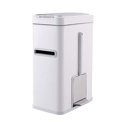 Smart Sensor Trash Can - Automatic Opening Stainless Steel Bin with 1.8 Gallon Capacity, Built-in Tissue Holder & Toilet Brush - White - Perfect for Bathroom, Kitchen, Office & Home Waste Disposal