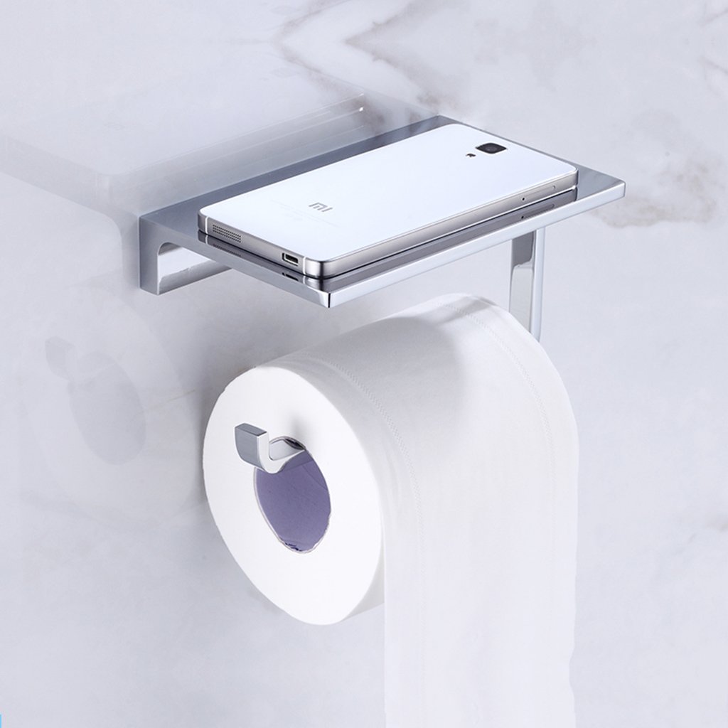 Modern Chrome Toilet Paper Holder Wall Mounted - Brass Bathroom Tissue TP Holder with Phone Shelf & Storage - Mirror Finish (1 Roll) - Perfect for Bathroom, Lavatory, and Restroom Organization