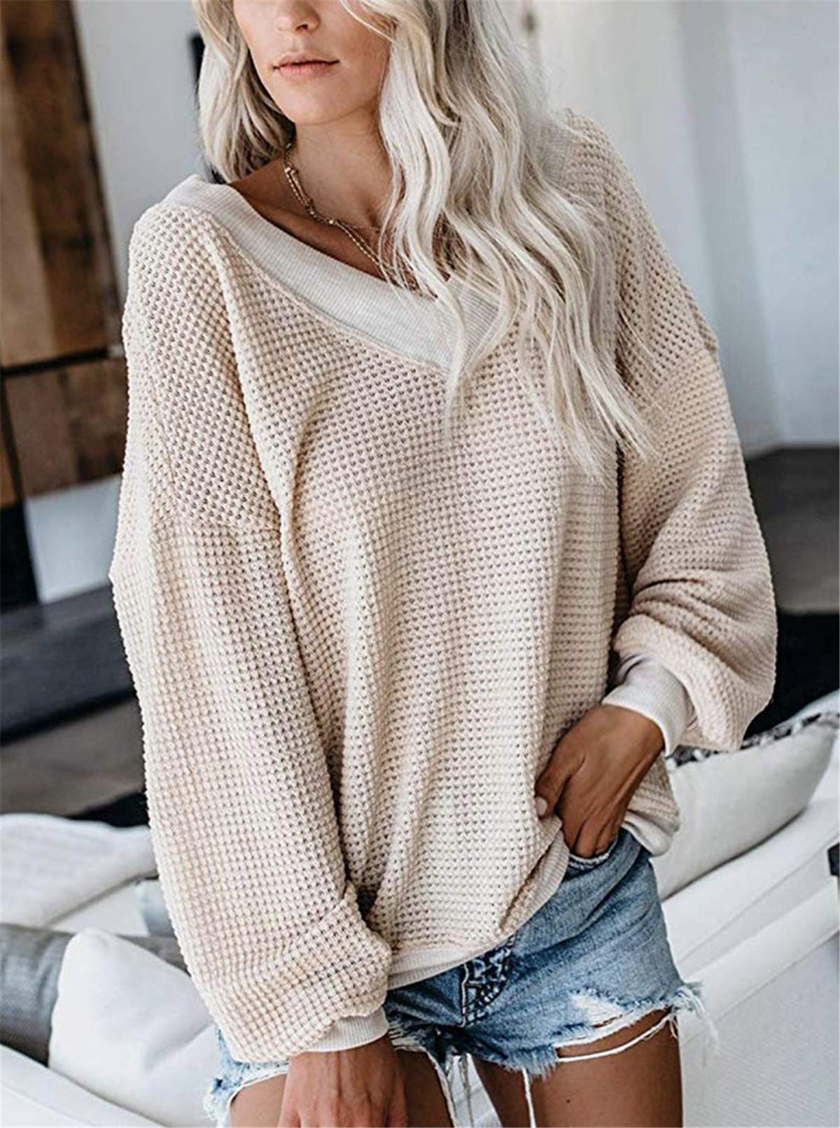 Dreamskull Women's V-Neck Batwing Long Sleeve Waffle Knit T-Shirt Off Shoulder Sweater Top | Casual Fall Winter Pullover | Perfect for Date Night, Office Wear & Weekend Outfits