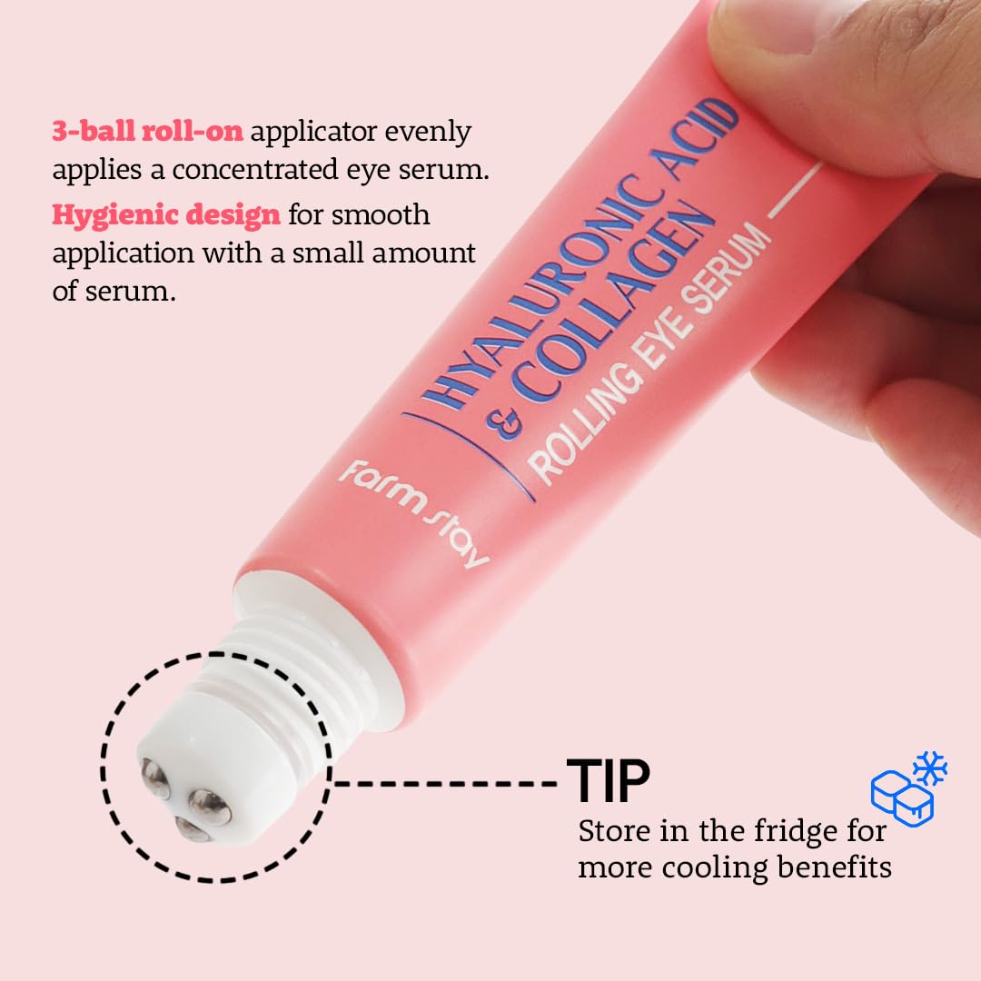 Farmstay Hyaluronic Acid Roll-on Eye Serum with 2% Niacinamide & Collagen – Korean Eye Roller for Dark Circles, Puffy Eyes & Wrinkles – Hydrating & Anti-Aging Eye Care – 0.84 fl. oz – Perfect for Morning Routine & Night Skincare