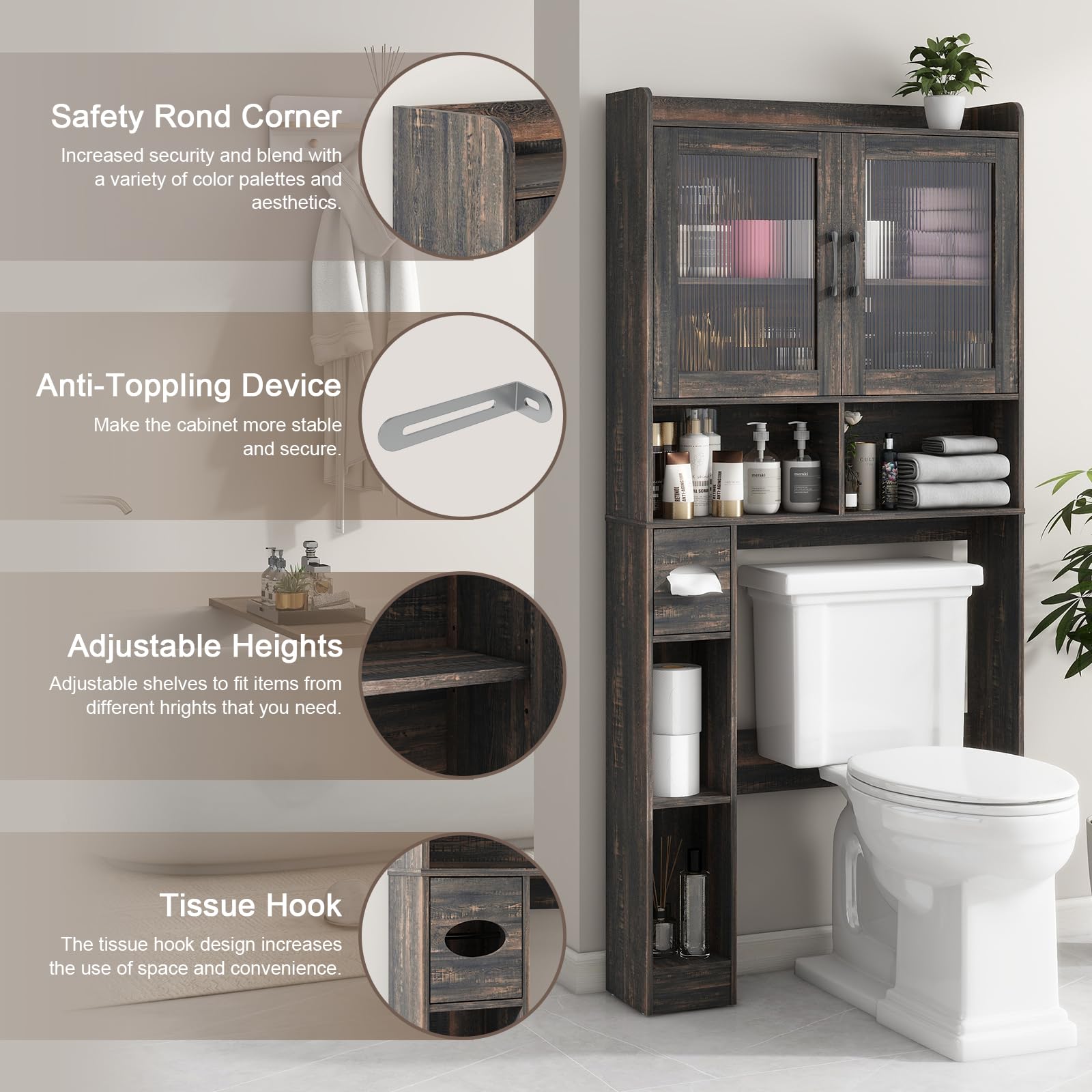 Farmhouse Style Over-The-Toilet Storage Cabinet with 2 Acrylic Wave Doors - Space Saving Bathroom Organizer for Toiletries, Towels & Laundry Supplies - Perfect for Small Bathrooms, Powder Rooms & Apartment Living