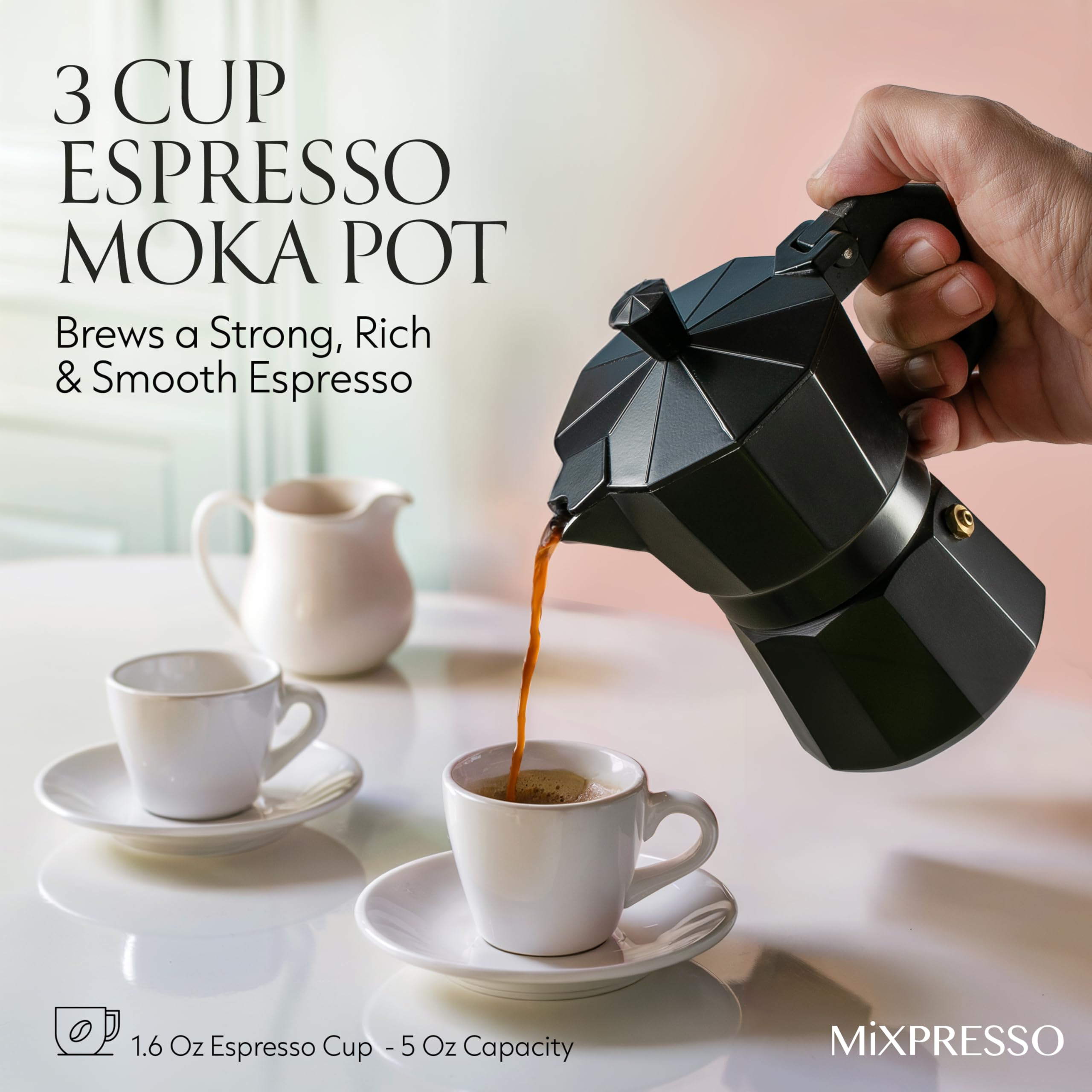 Mixpresso Aluminum Moka Pot Stovetop Espresso Maker - 3 Cup (5 oz) Italian Coffee Brewer for Gas & Electric Stoves with Bonus Coffee Mug - Perfect for Home, Office & Camping Espresso Brewing