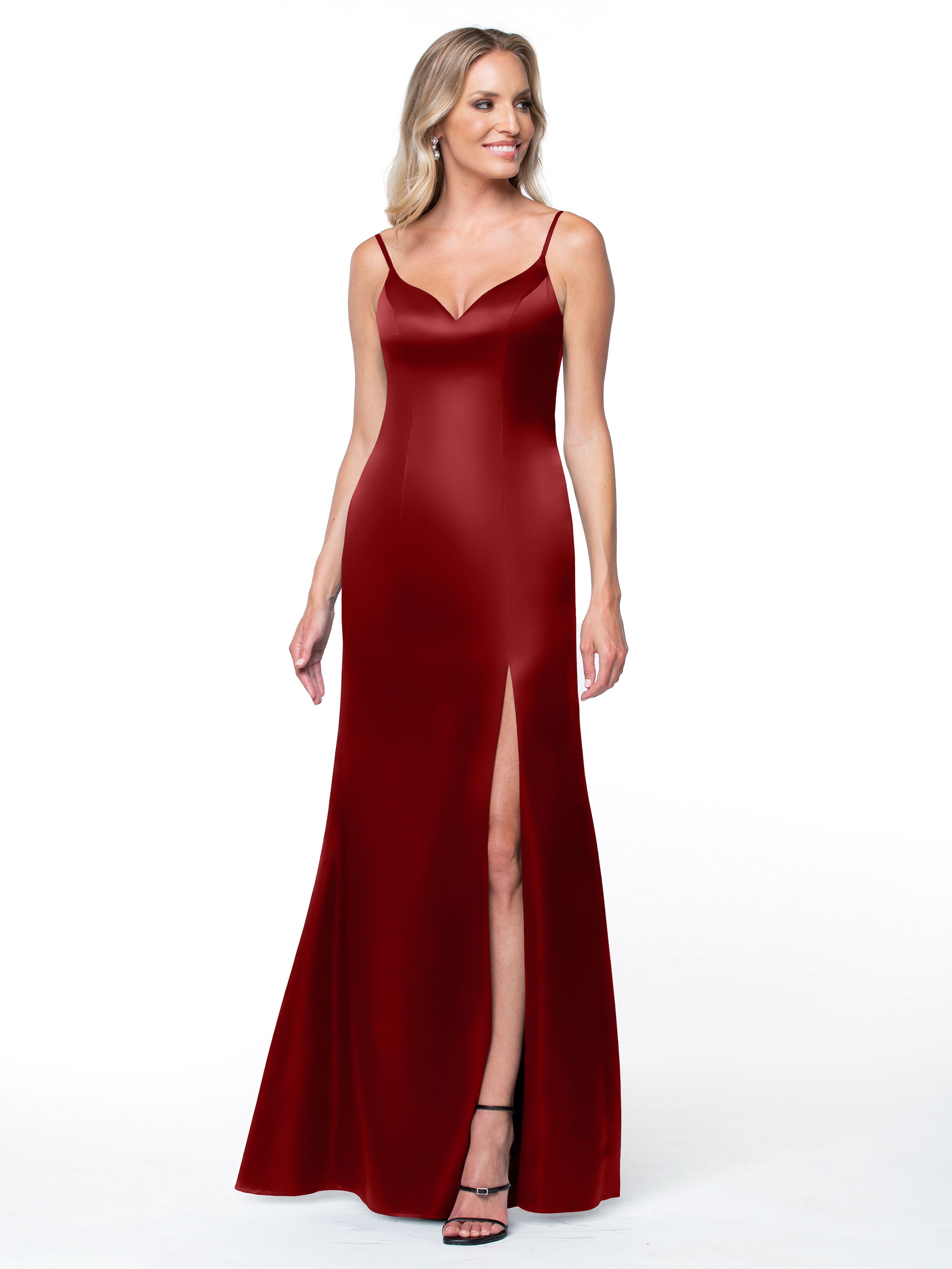 Elegant 80132 Fit and Flare Satin Bridesmaid Dress with High Slit - Perfect for Weddings, Prom, and Formal Events