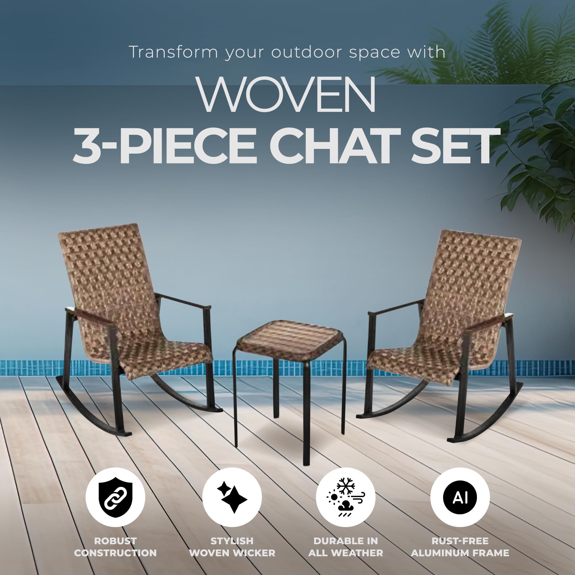 Bayside 3-Piece Brown Woven Wicker Patio Furniture Set - Outdoor Conversation Seating with 2 Chairs & Table - Perfect for Garden, Backyard, Poolside or Patio Relaxation
