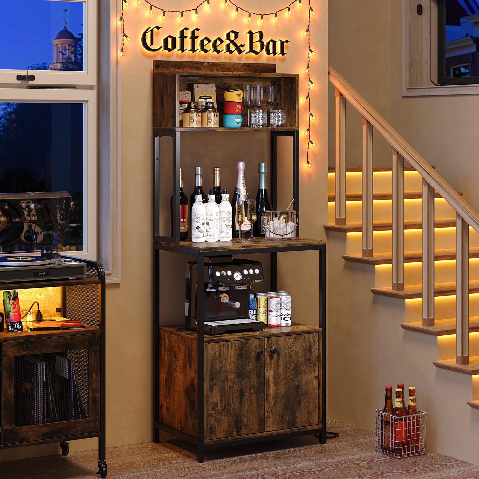 Industrial 5-Tier Kitchen Bakers Rack with Power Outlet & Storage - Rustic Brown for Coffee Bar & Microwave Stand